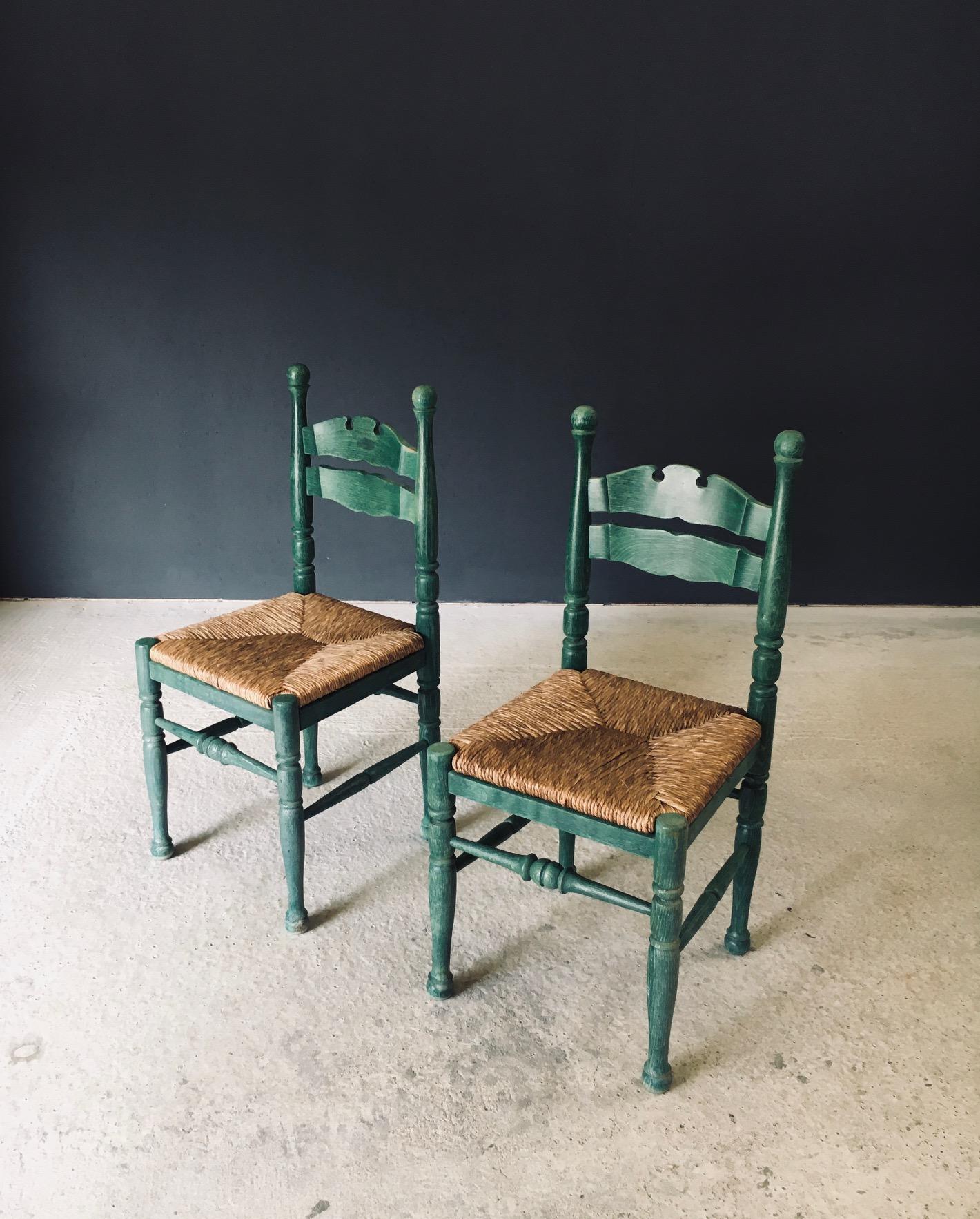 Vintage Austrian Alps Rustic Design Green Side Chair set. Made in Austria 1950's / 60's period. Green stained, carved and turned wooden frame with rush woven seats. These come in very good, all original condition. With normal signs of wear from