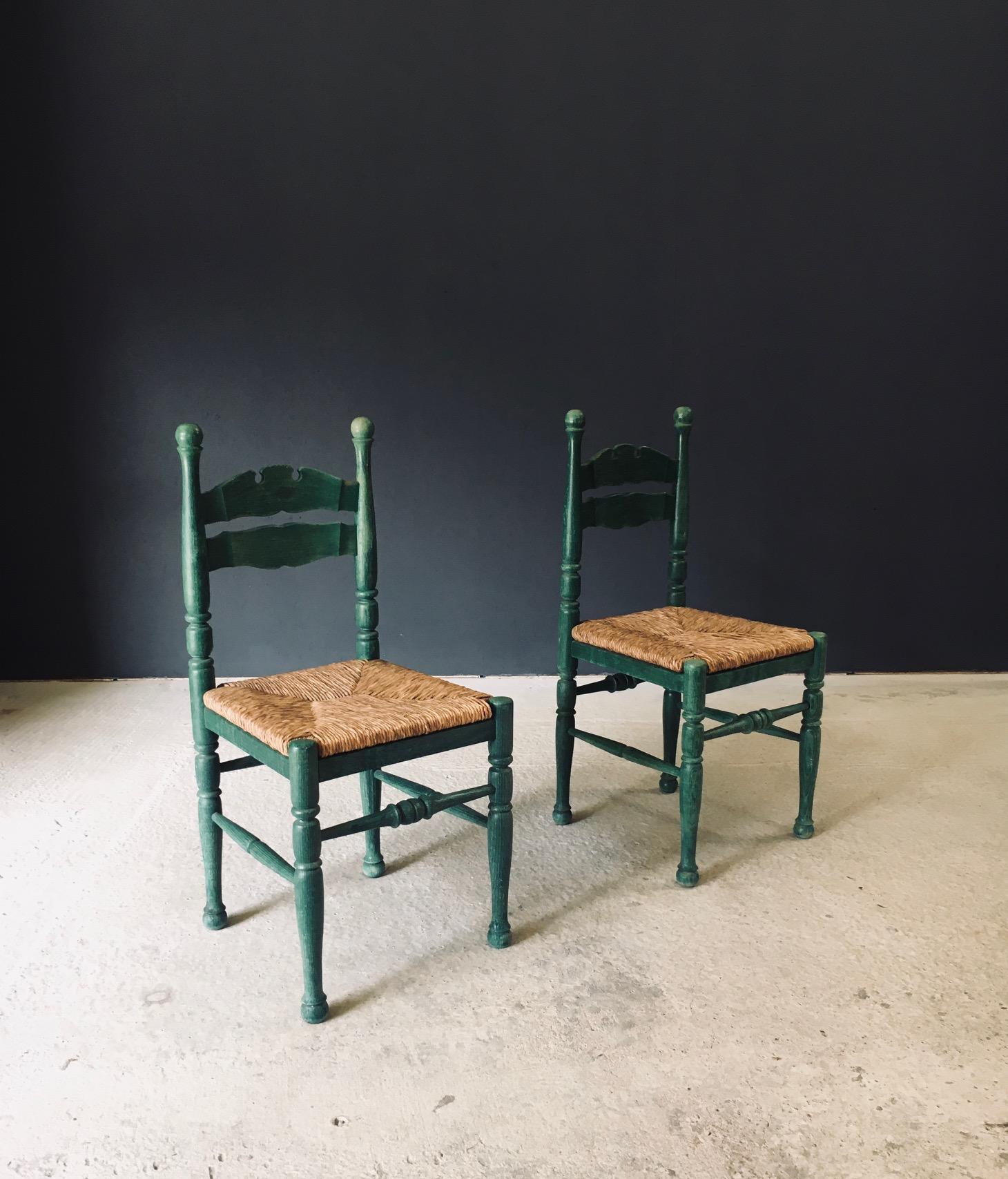 Mid-20th Century Austrian Alps Rustic Design Green Side Chairs, Austria 1950's For Sale