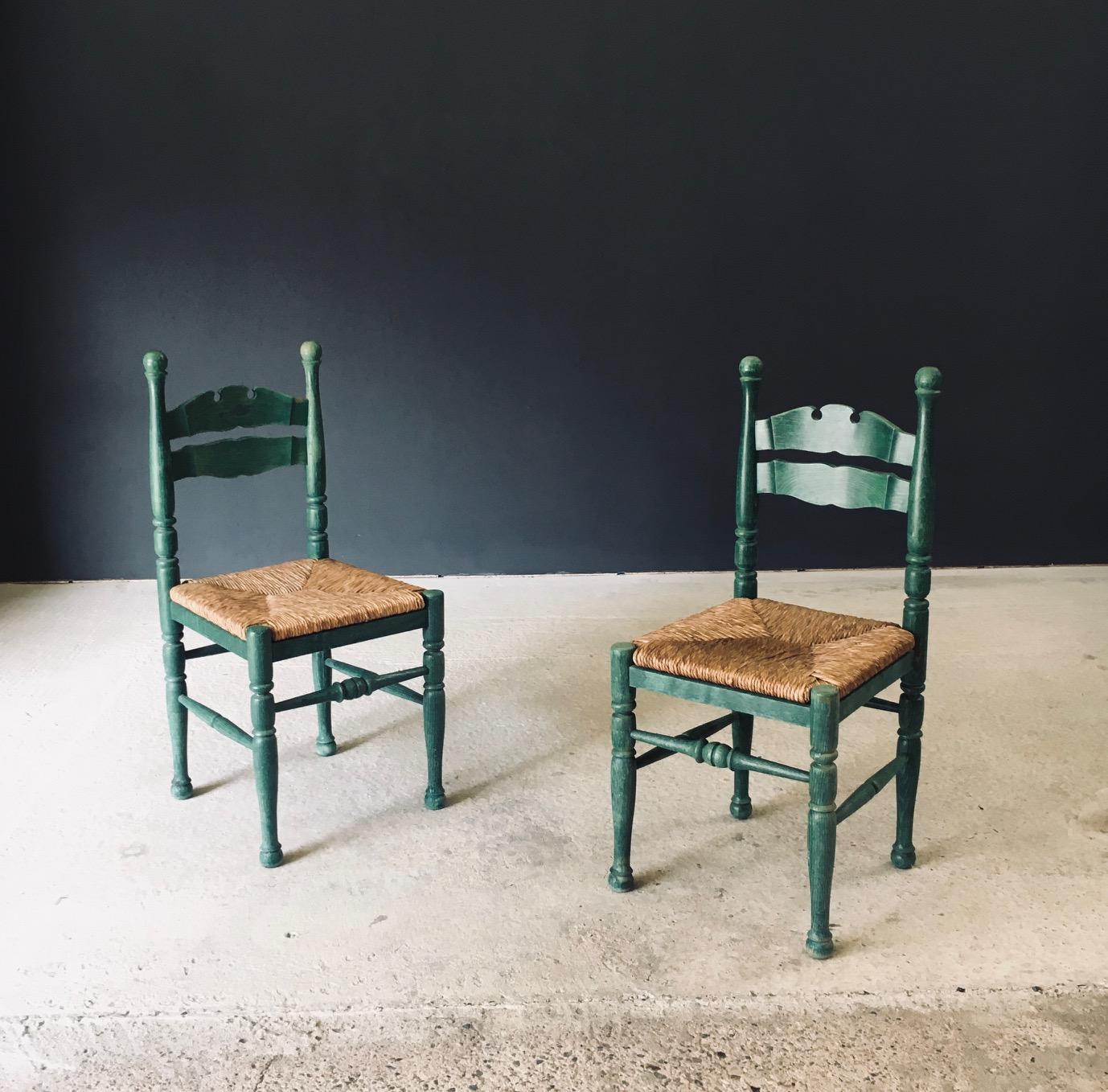 Rush Austrian Alps Rustic Design Green Side Chairs, Austria 1950's For Sale