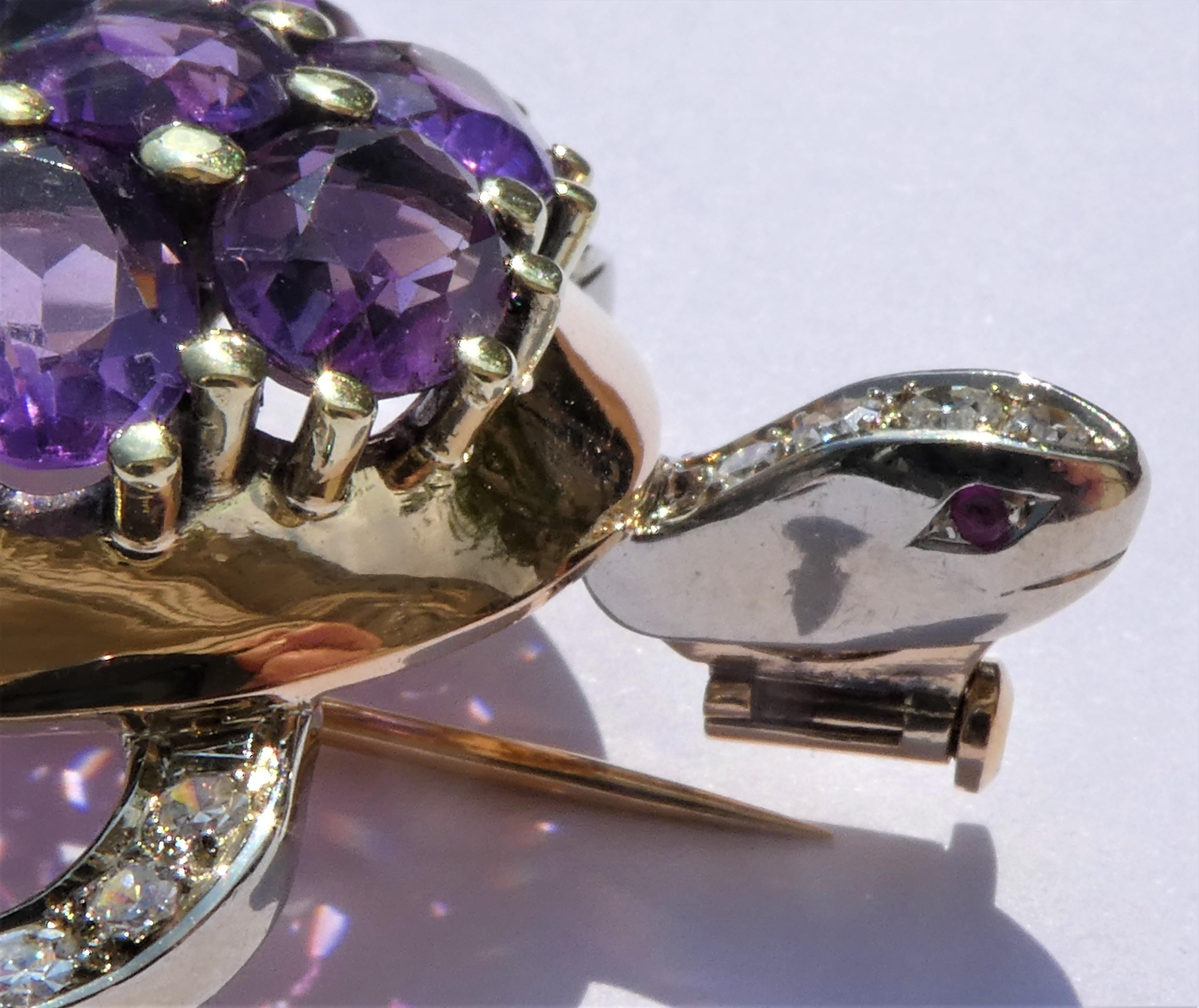 Austrian Amethyst Diamonds Rubies 14 Karat Gold 1980s Turtle Brooch For Sale 6