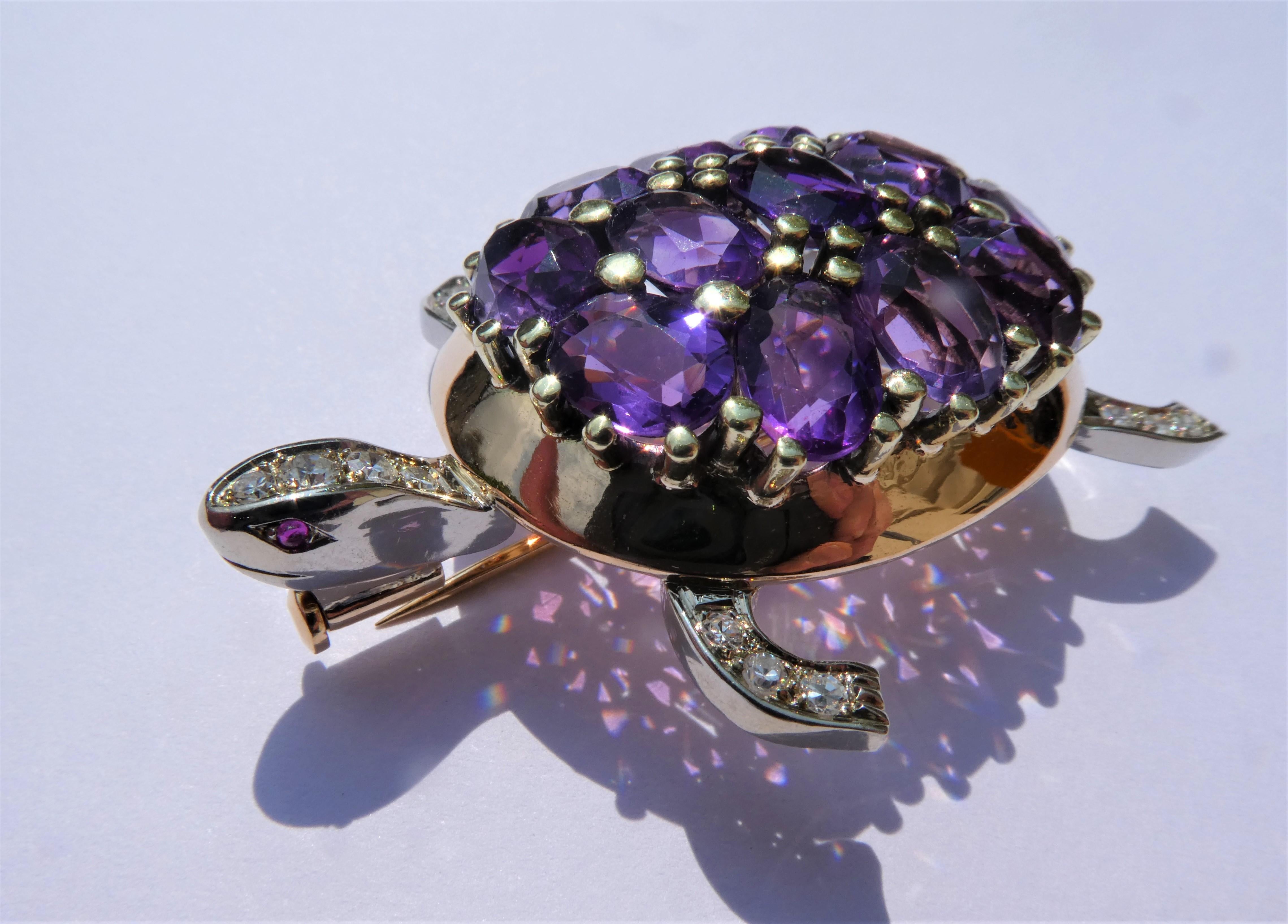 Contemporary Austrian Amethyst Diamonds Rubies 14 Karat Gold 1980s Turtle Brooch For Sale