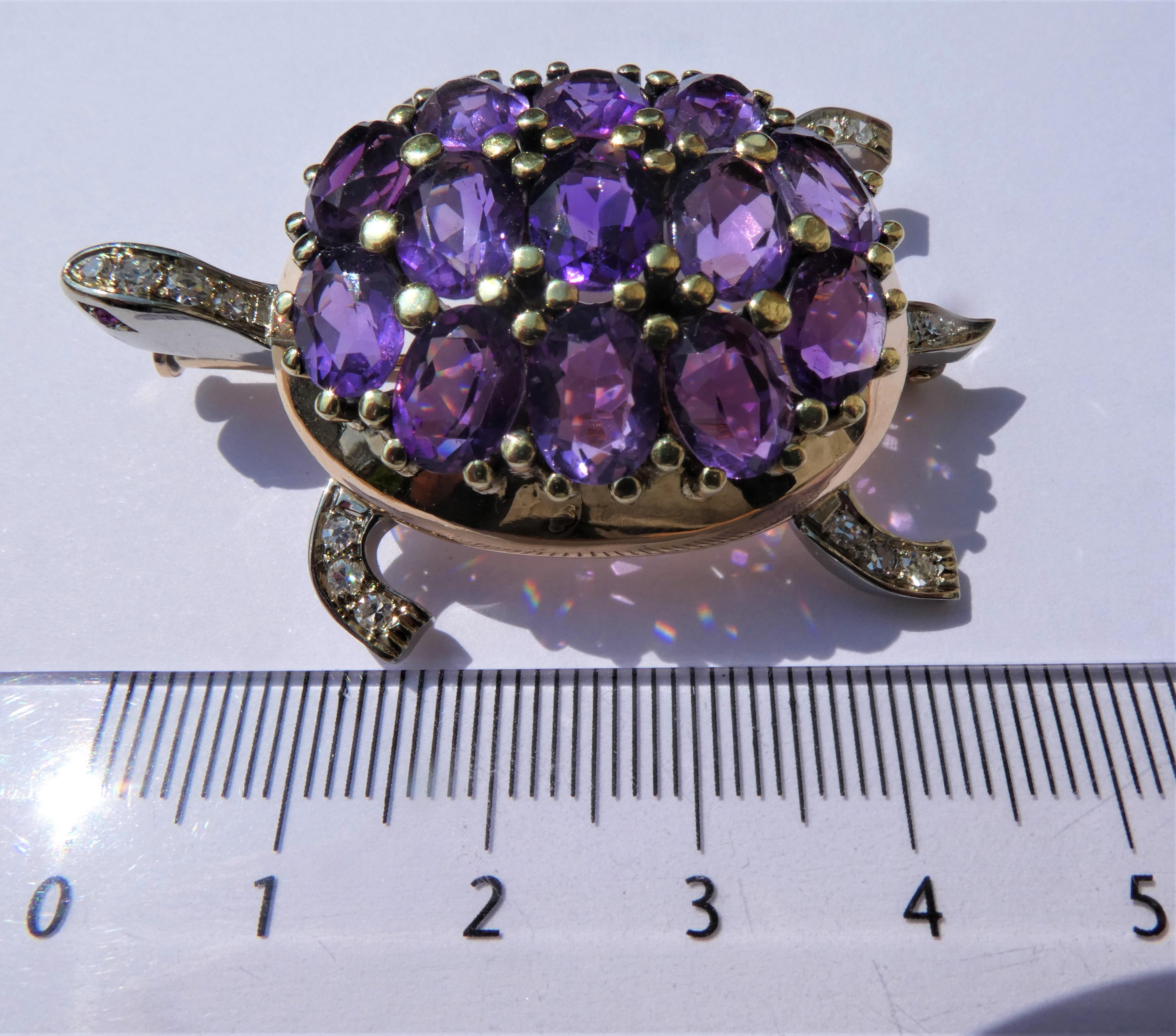 Austrian Amethyst Diamonds Rubies 14 Karat Gold 1980s Turtle Brooch In Excellent Condition For Sale In Munich, DE