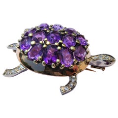 Vintage Austrian Amethyst Diamonds Rubies 14 Karat Gold 1980s Turtle Brooch