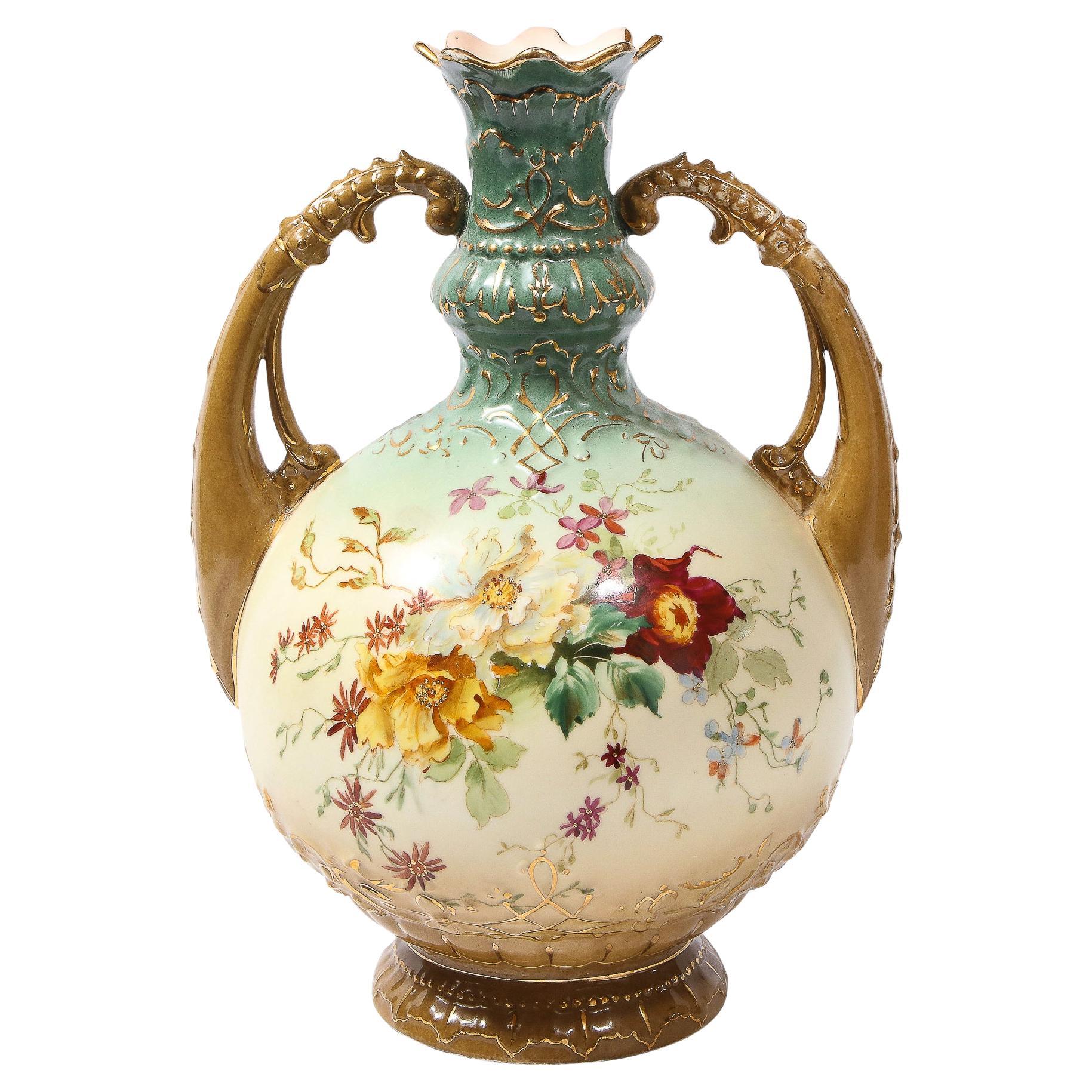 Austrian Antique Art Nouveau Hand Painted Handled Vase by EW