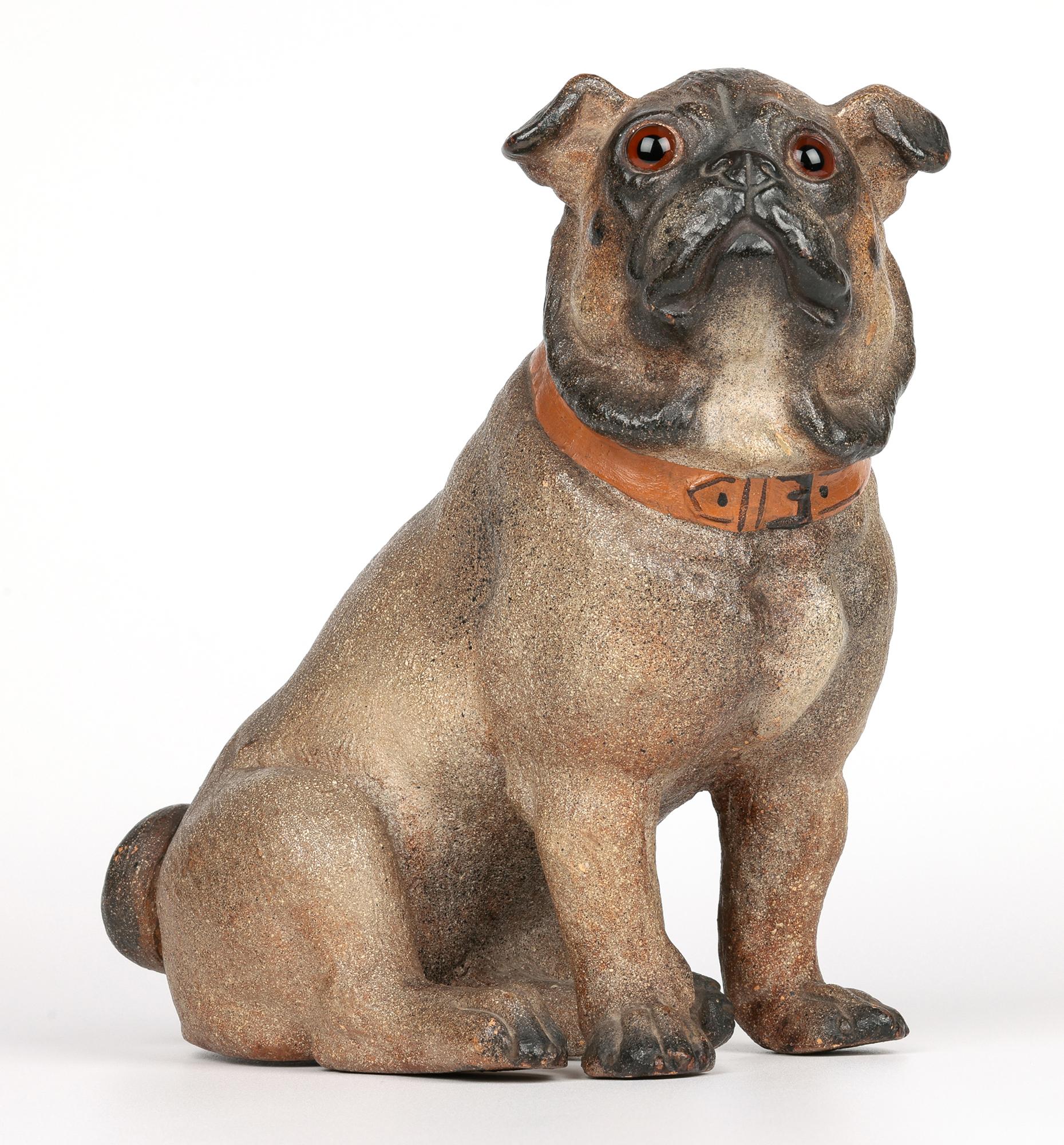 Terracotta Austrian Antique Cold Painted Art Pottery Pug Dog Figure For Sale