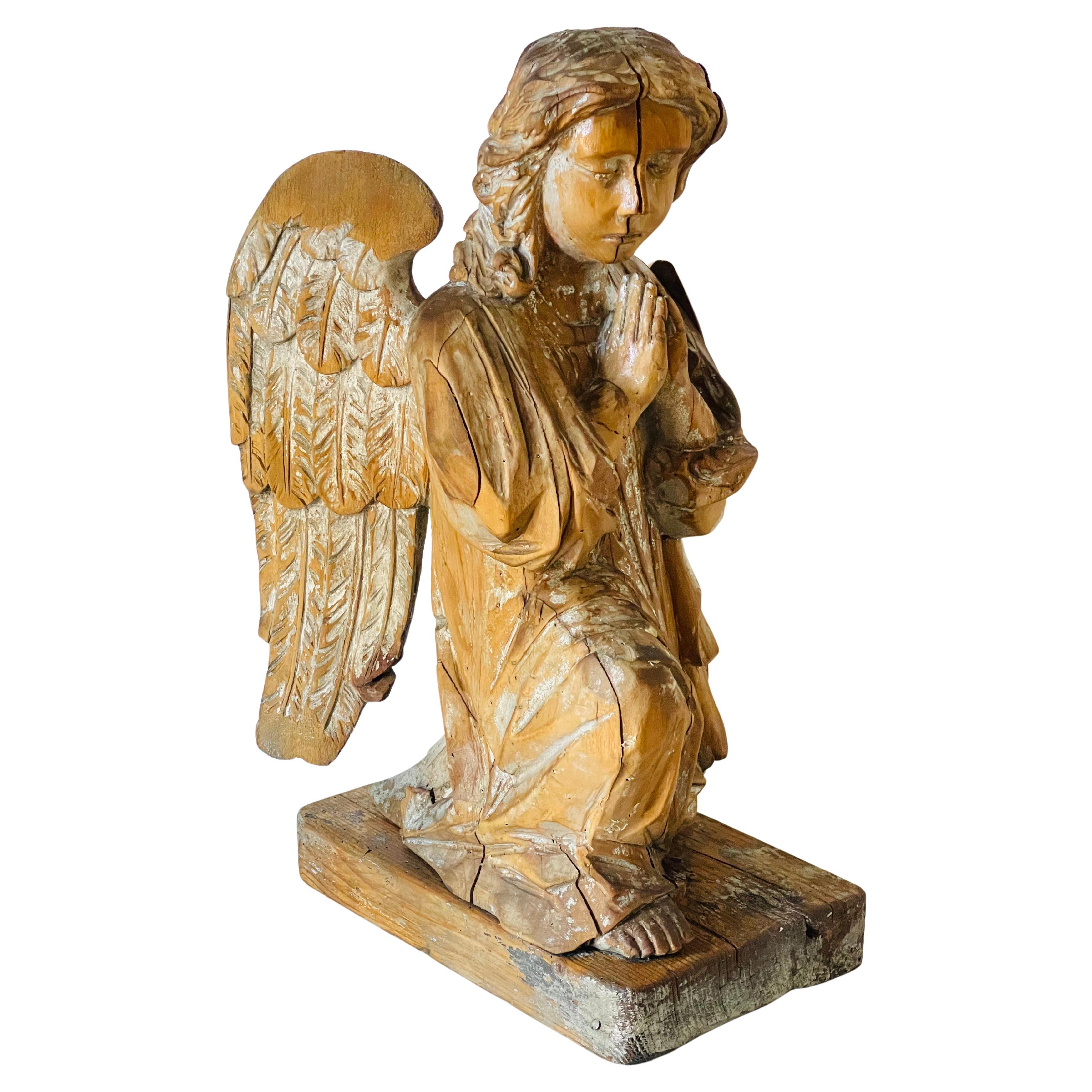 Austrian Antique Religious Wood Sculpture Praying Angel