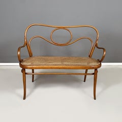 Austrian antique Wooden and Vienna straw two-seater bench by Thonet, early 1900s