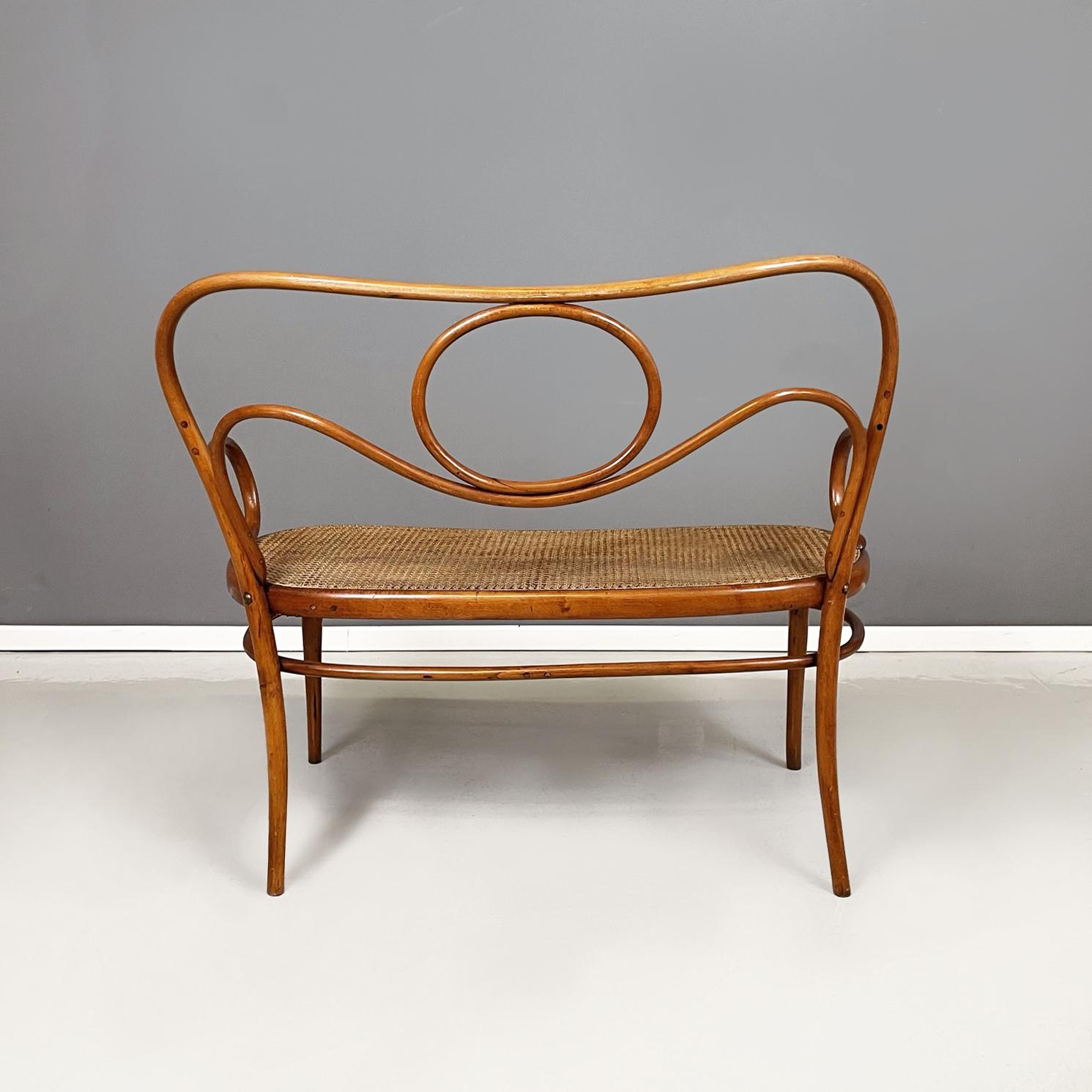 Straw Austrian antique Wooden and Vienna straw two-seater bench by Thonet, early 1900s