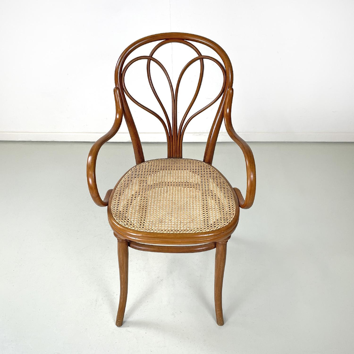 Straw Austrian antique wooden Thonet armchair with Vienna straw, early 1900s For Sale