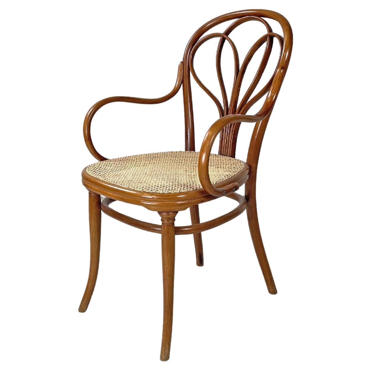 Austrian antique wooden Thonet armchair with Vienna straw, early 1900s For Sale