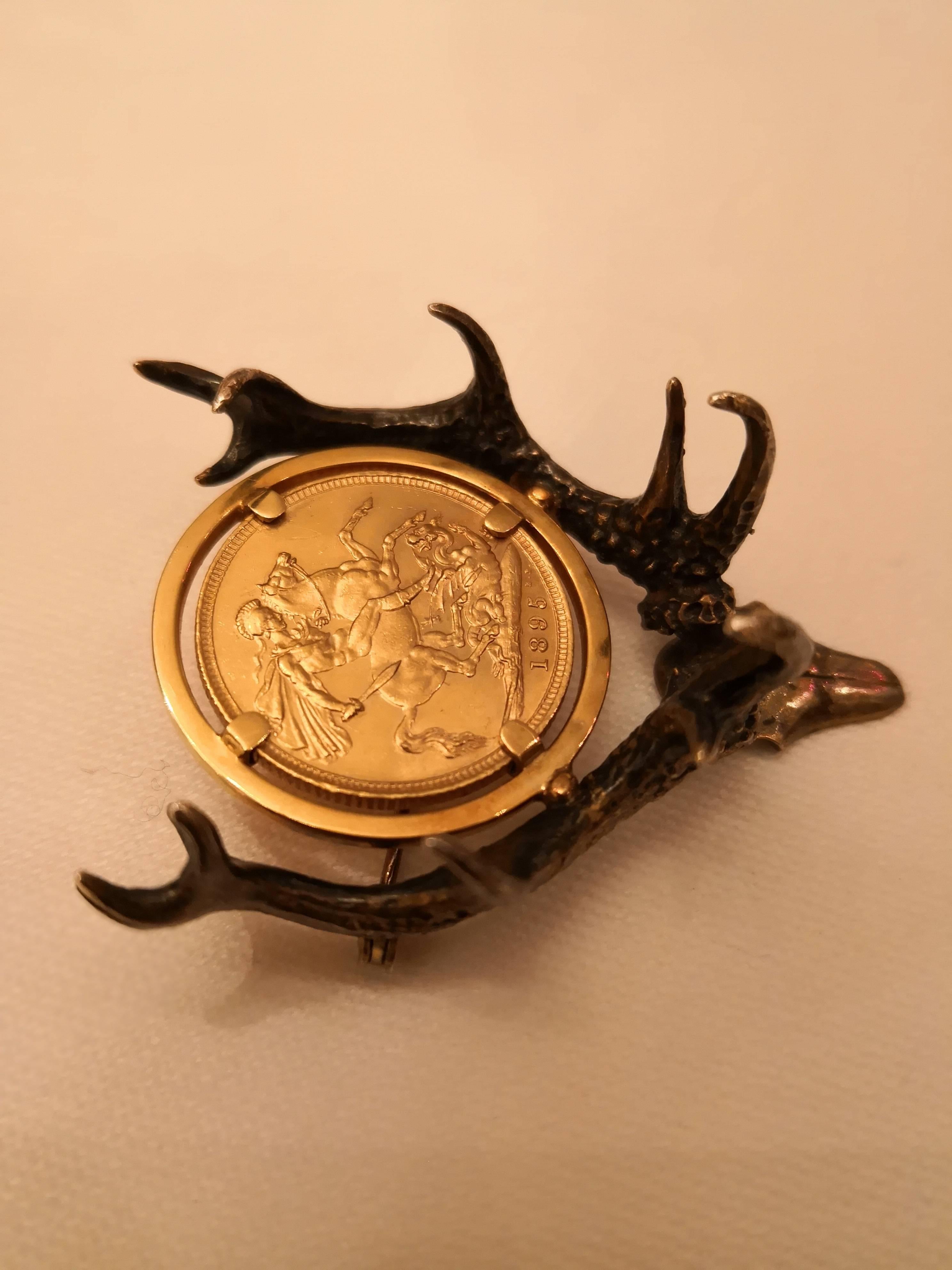 Black Forest Austrian Antler Brooch with English Gold Medal For Sale