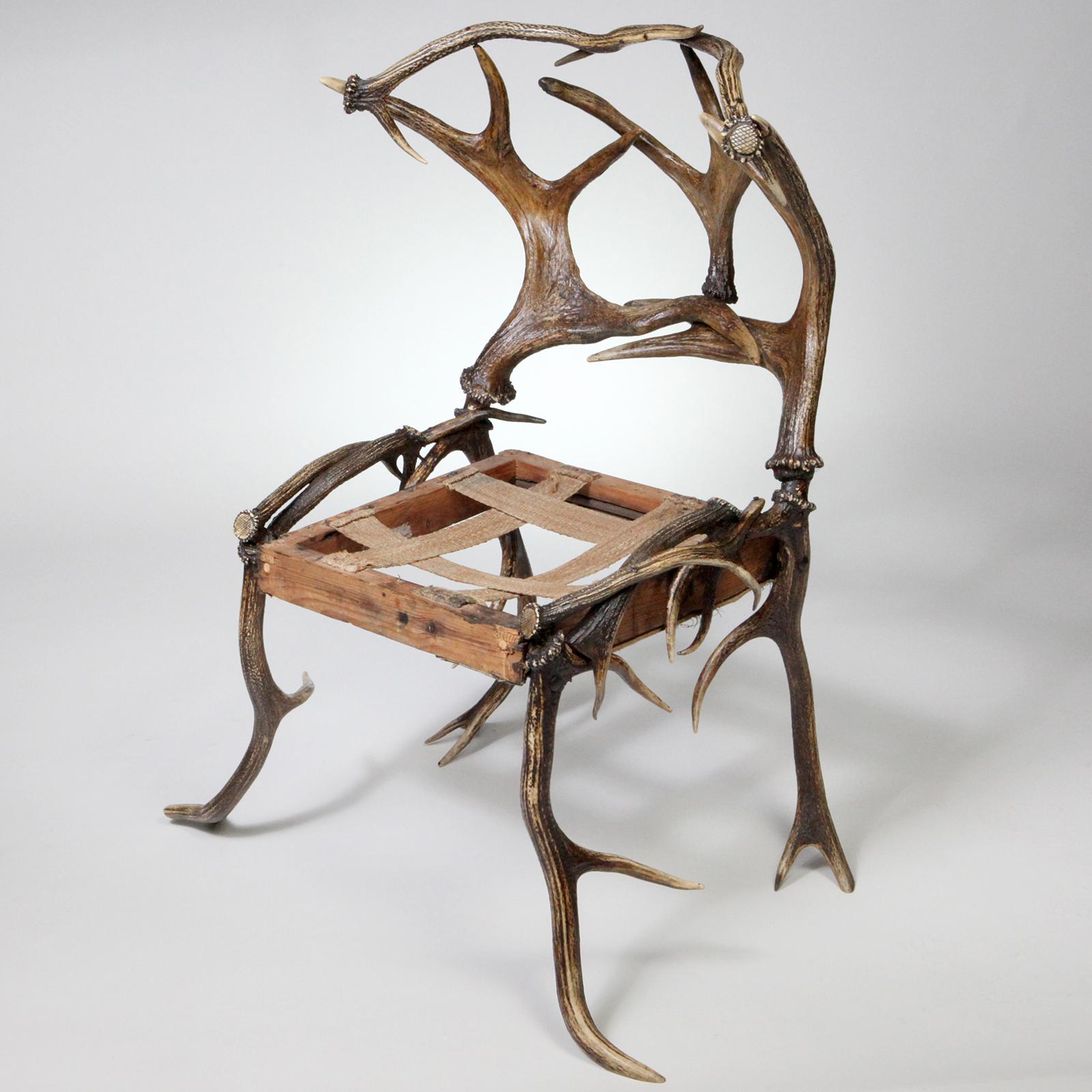 Rare chaise autrichienne ancienne en bois de cerf.  Conçue avec un bois de daim unique formant le dossier de soutien de la chaise.  Les supports latéraux d'aspect naturaliste sont artistiquement construits en bois de cerf rouge, tout comme les