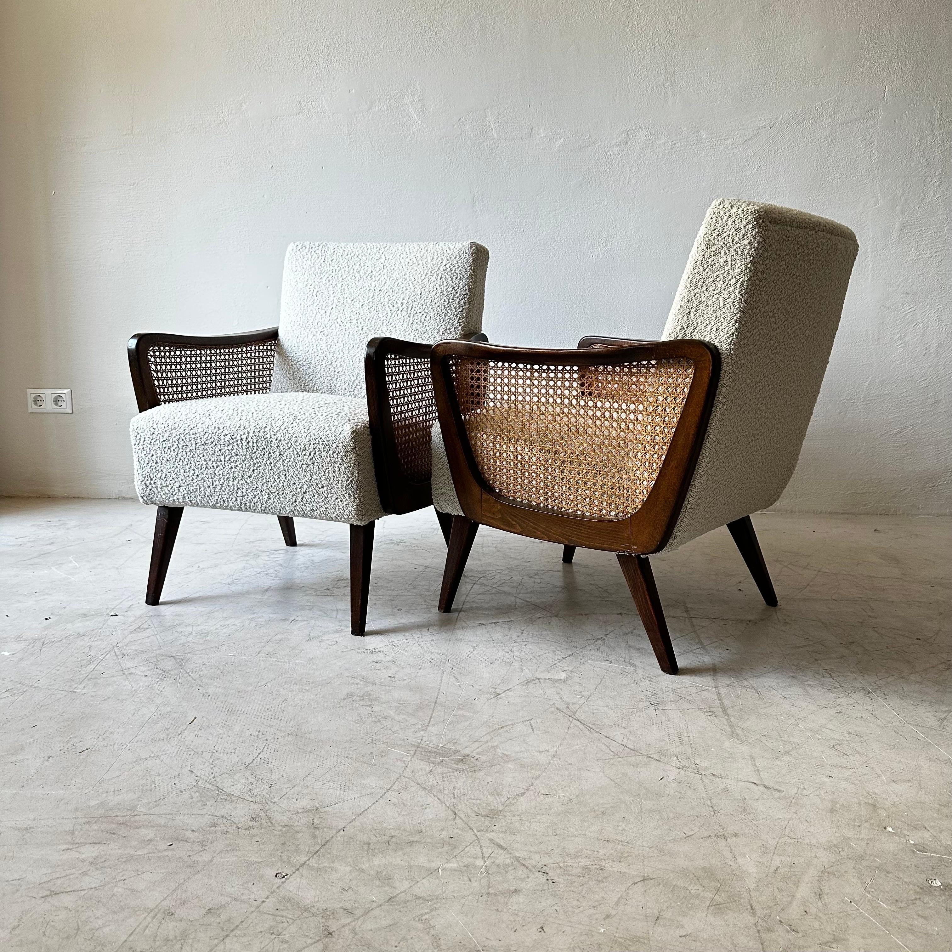 Organic Modern Austrian Arm Chairs in Boucle and Wicker, 1950s For Sale
