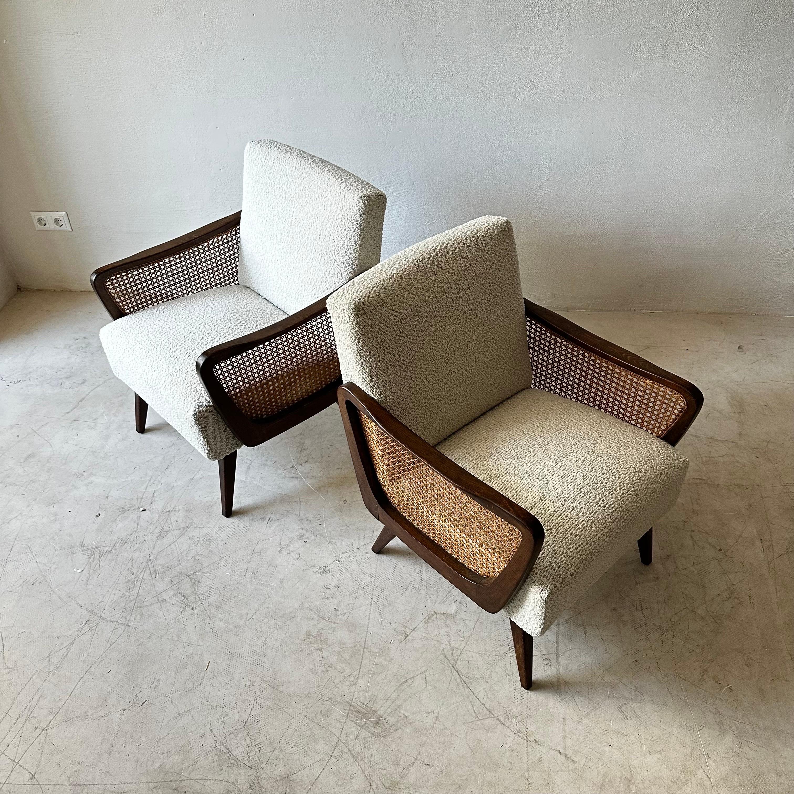 Austrian Arm Chairs in Boucle and Wicker, 1950s In Good Condition For Sale In Vienna, AT