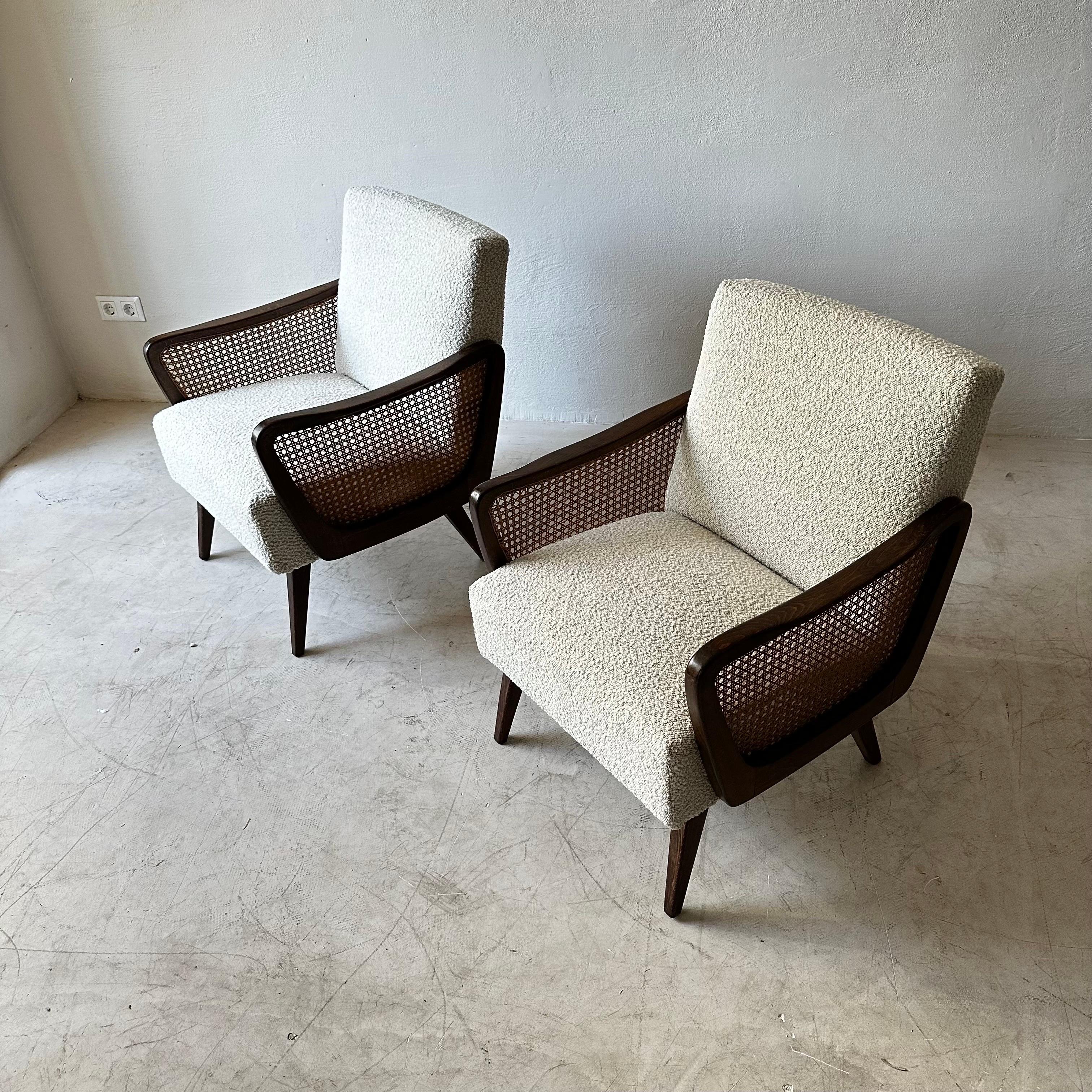 Mid-20th Century Austrian Arm Chairs in Boucle and Wicker, 1950s For Sale