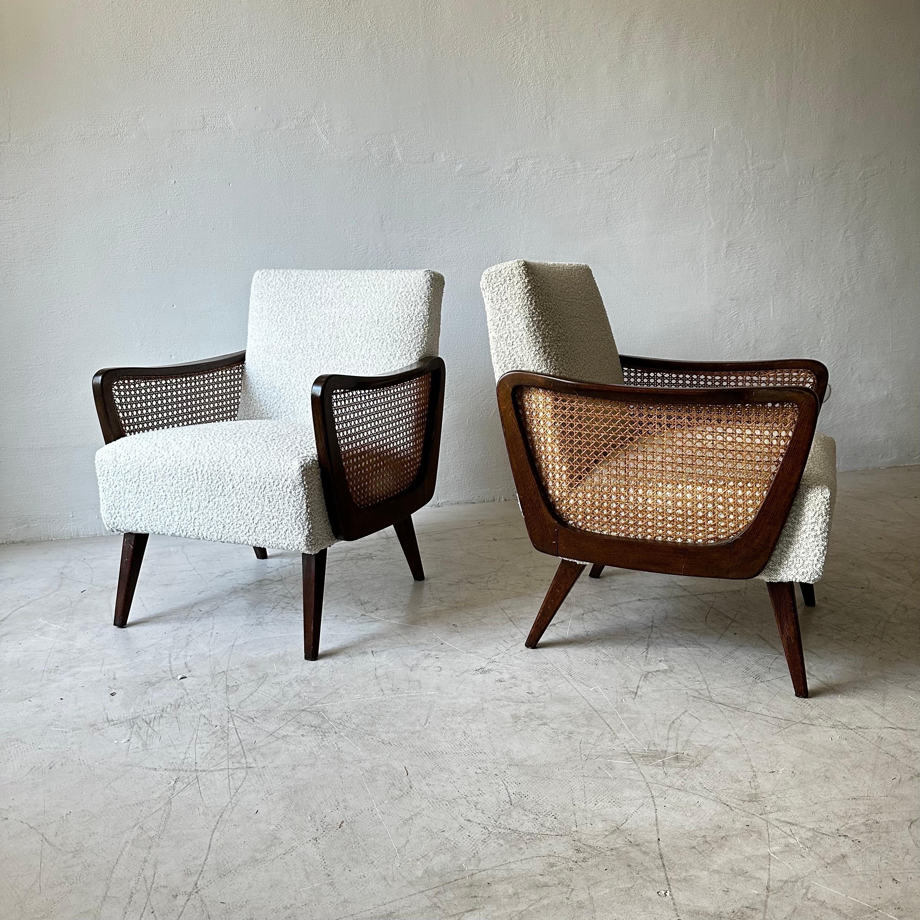 Bouclé Austrian Arm Chairs in Boucle and Wicker, 1950s For Sale