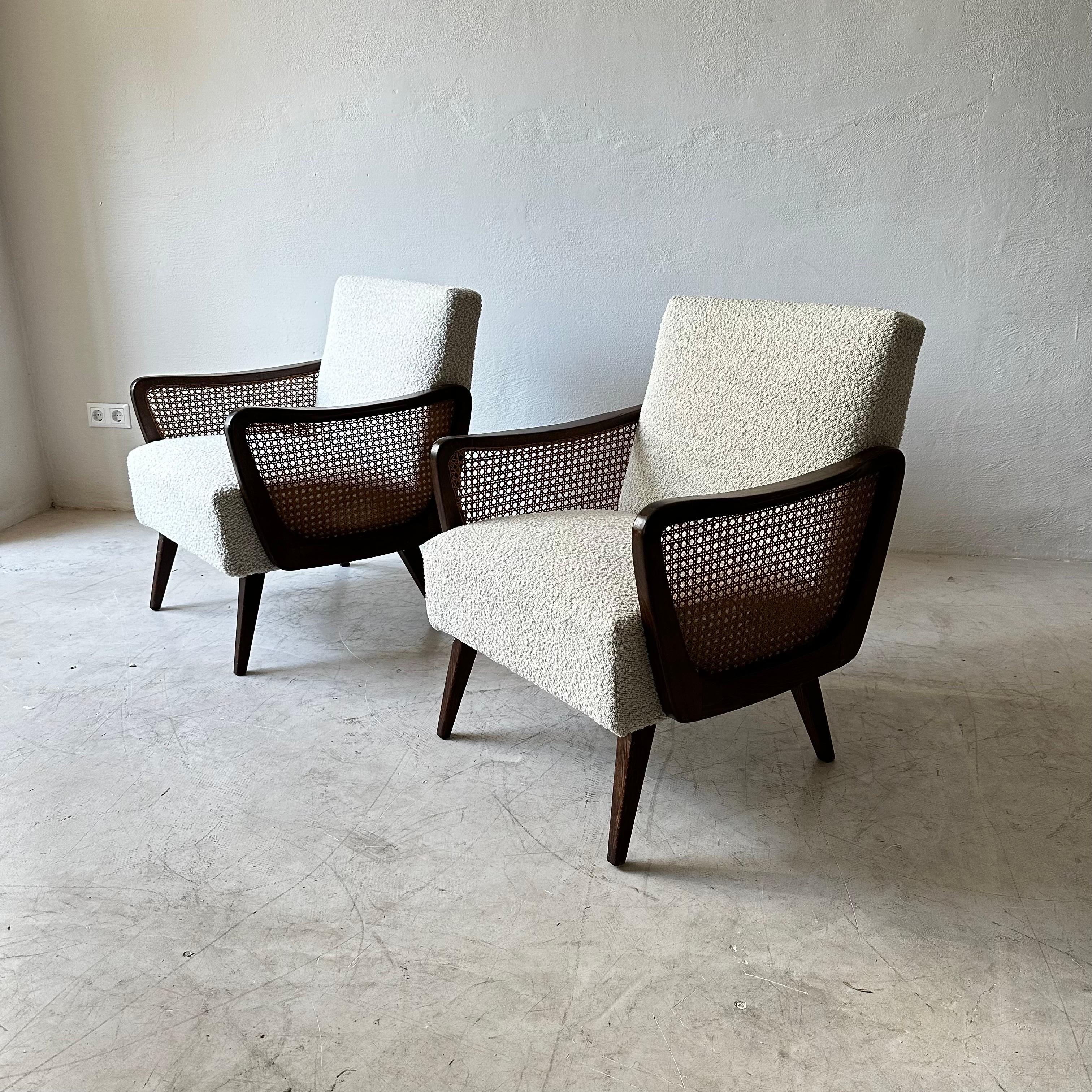 Austrian Arm Chairs in Boucle and Wicker, 1950s For Sale 1