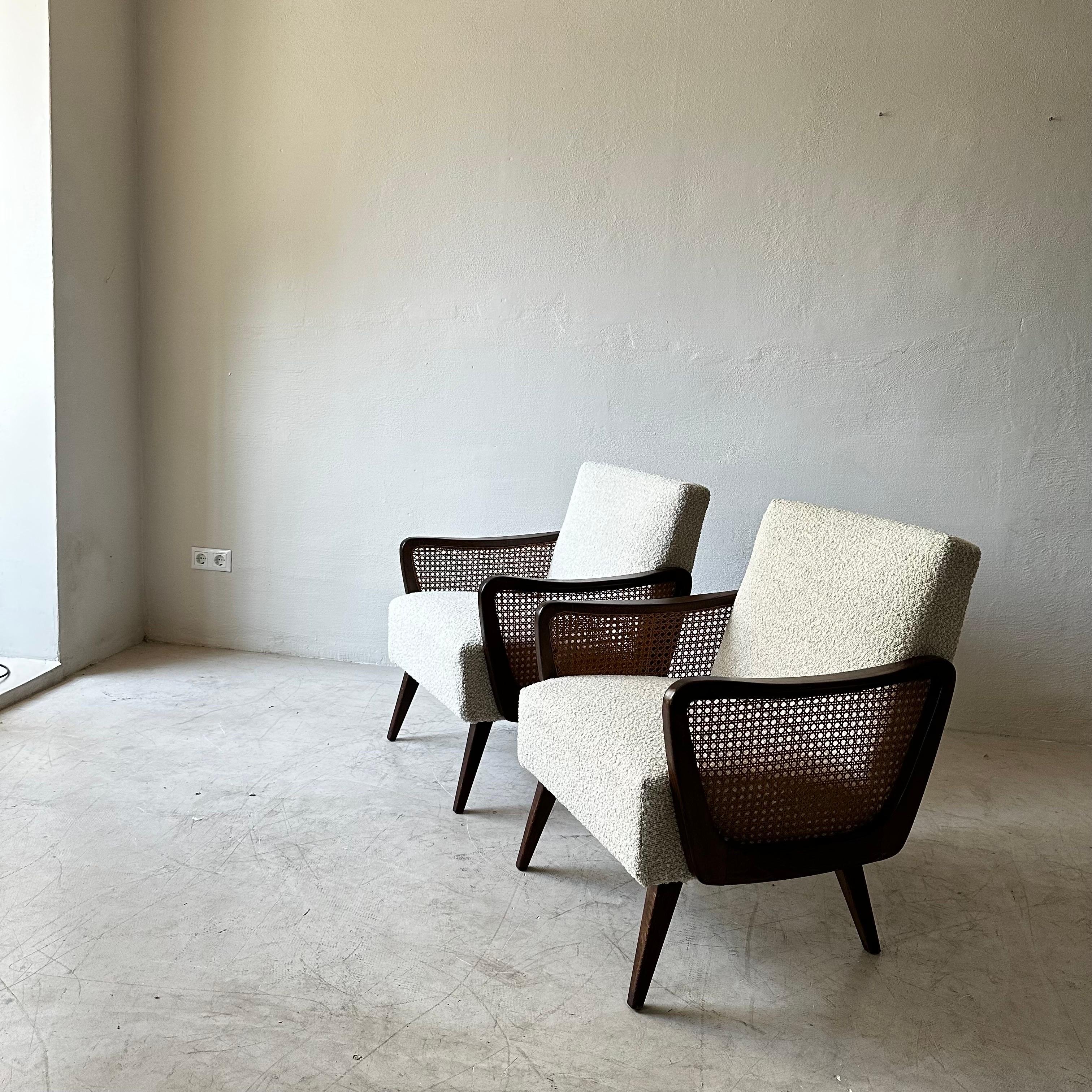 Austrian Arm Chairs in Boucle and Wicker, 1950s For Sale 3