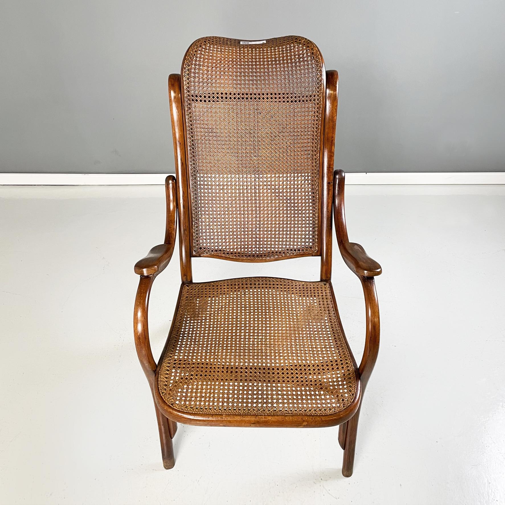 Sillón austriaco de paja marrón oscuro y madera maciza estilo Thonet, 1900 siglo XX en venta