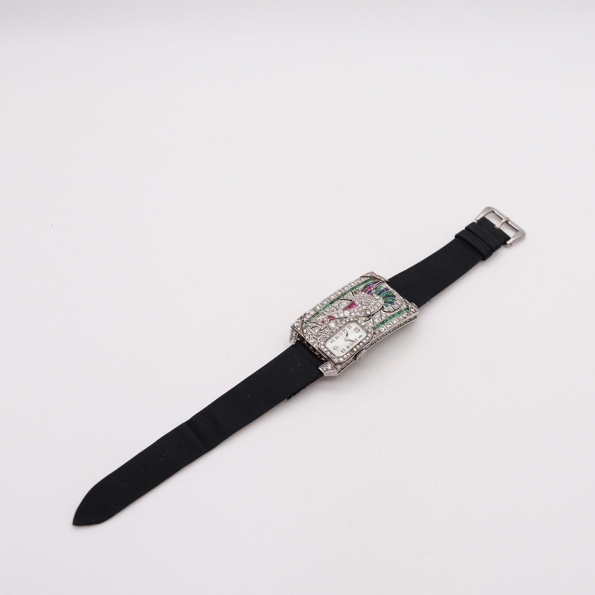 AUSTRIAN Art Deco 1925 Curvex Wristwatch in Platinum With 7.75 Ctw in Gemstones For Sale 6