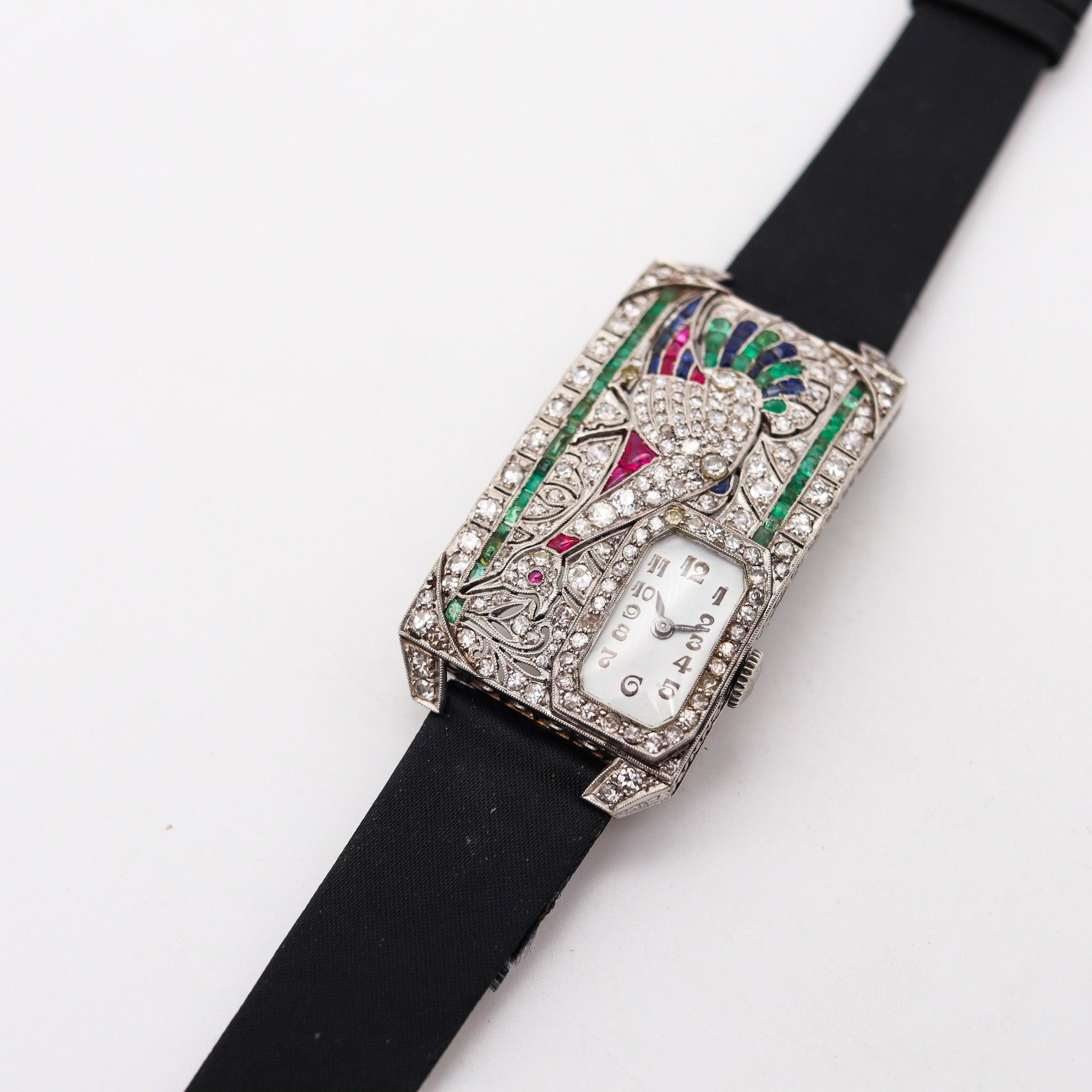 AUSTRIAN Art Deco 1925 Curvex Wristwatch in Platinum With 7.75 Ctw in Gemstones For Sale 7