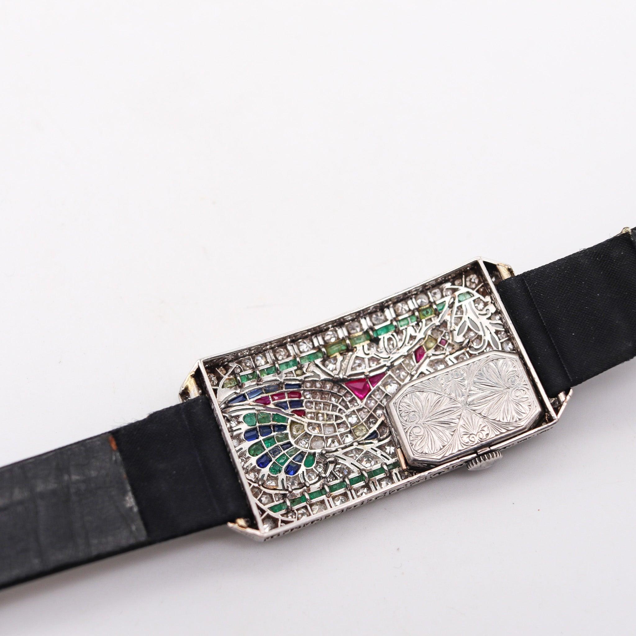 AUSTRIAN Art Deco 1925 Curvex Wristwatch in Platinum With 7.75 Ctw in Gemstones For Sale 8