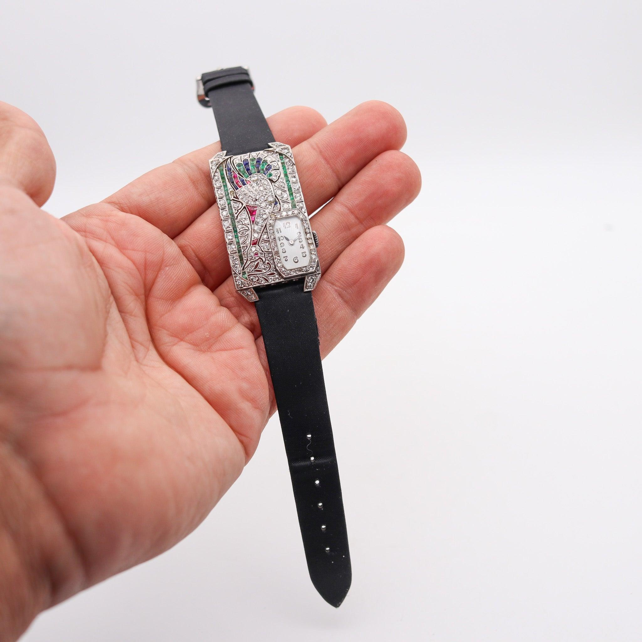 AUSTRIAN Art Deco 1925 Curvex Wristwatch in Platinum With 7.75 Ctw in Gemstones For Sale 9