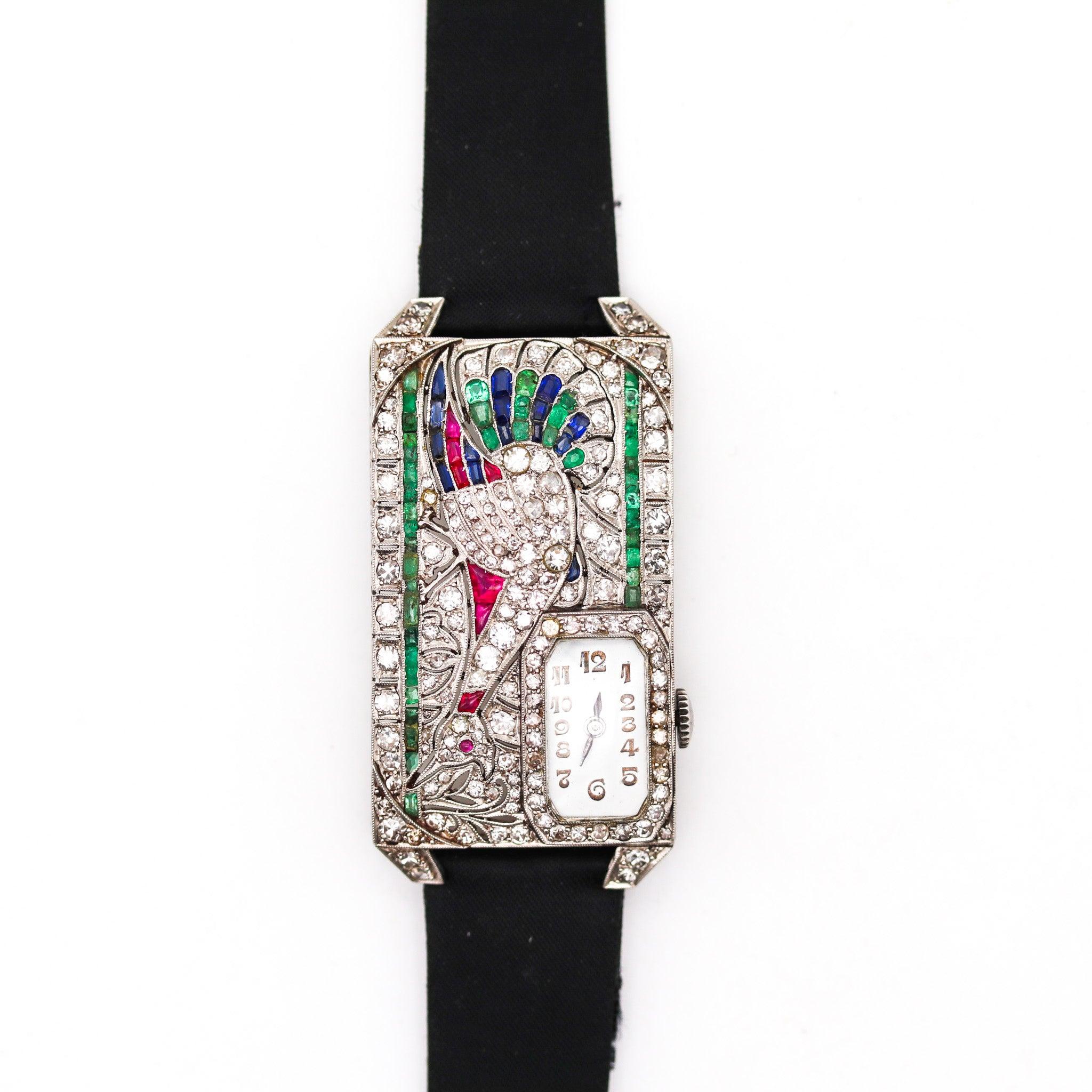 Old European Cut AUSTRIAN Art Deco 1925 Curvex Wristwatch in Platinum With 7.75 Ctw in Gemstones For Sale