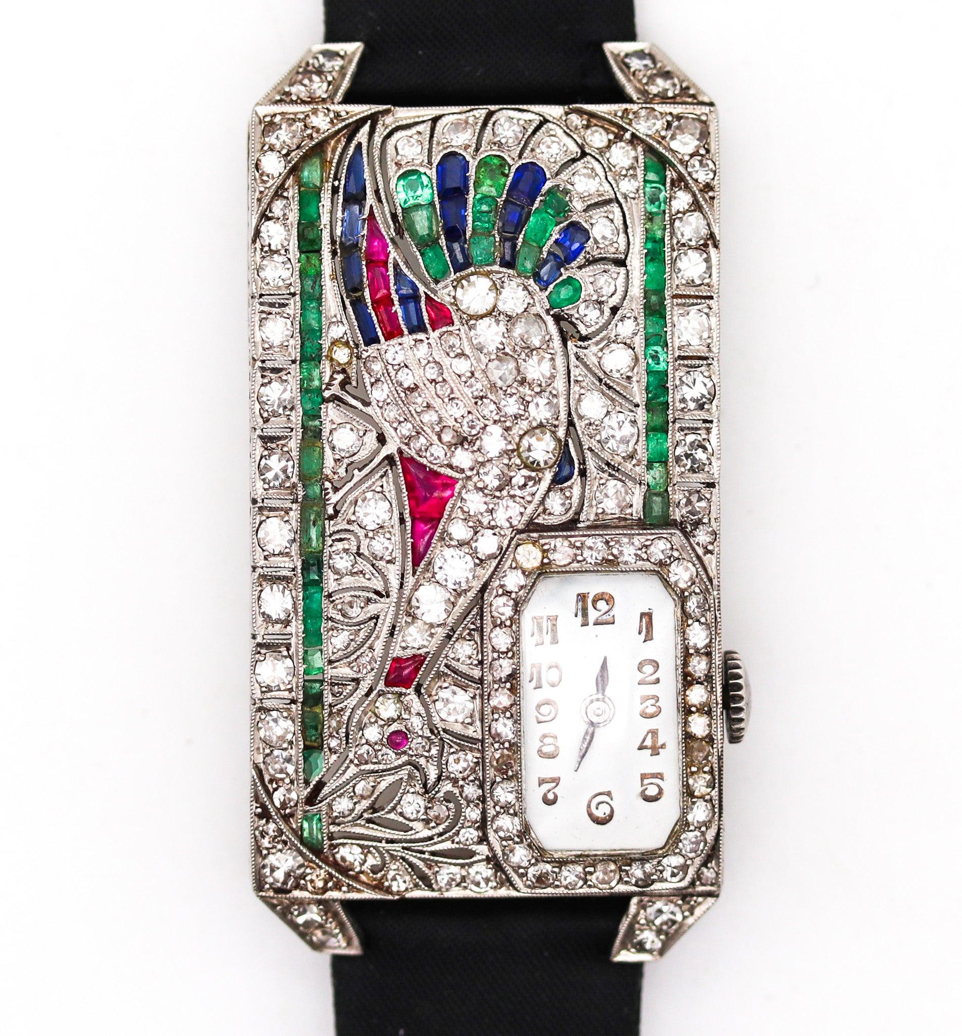 AUSTRIAN Art Deco 1925 Curvex Wristwatch in Platinum With 7.75 Ctw in Gemstones In Excellent Condition For Sale In Miami, FL