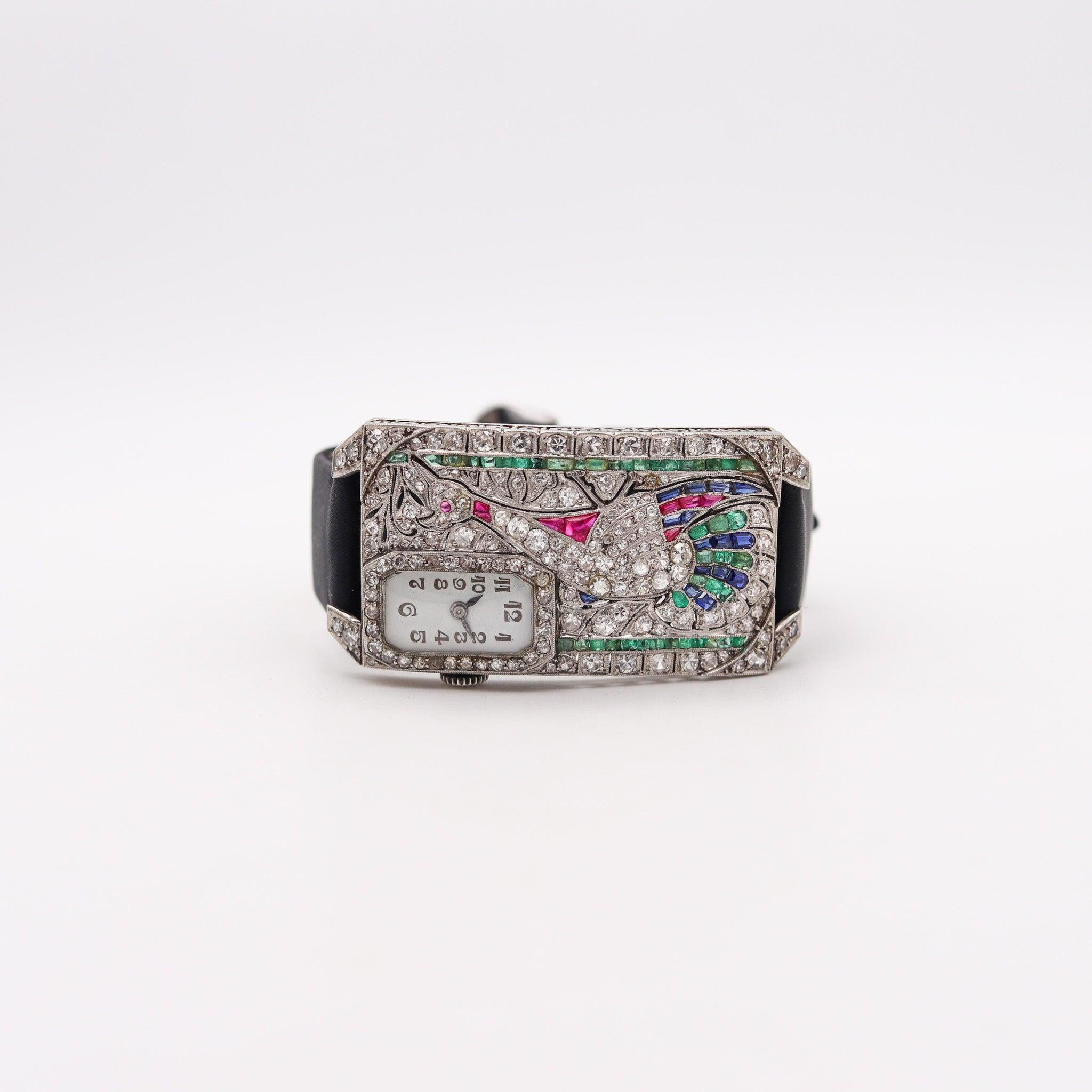 AUSTRIAN Art Deco 1925 Curvex Wristwatch in Platinum With 7.75 Ctw in Gemstones For Sale 1