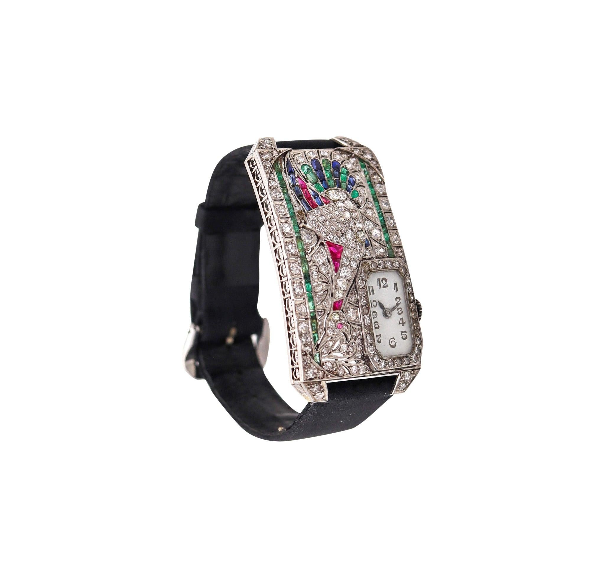 AUSTRIAN Art Deco 1925 Curvex Wristwatch in Platinum With 7.75 Ctw in Gemstones For Sale 2