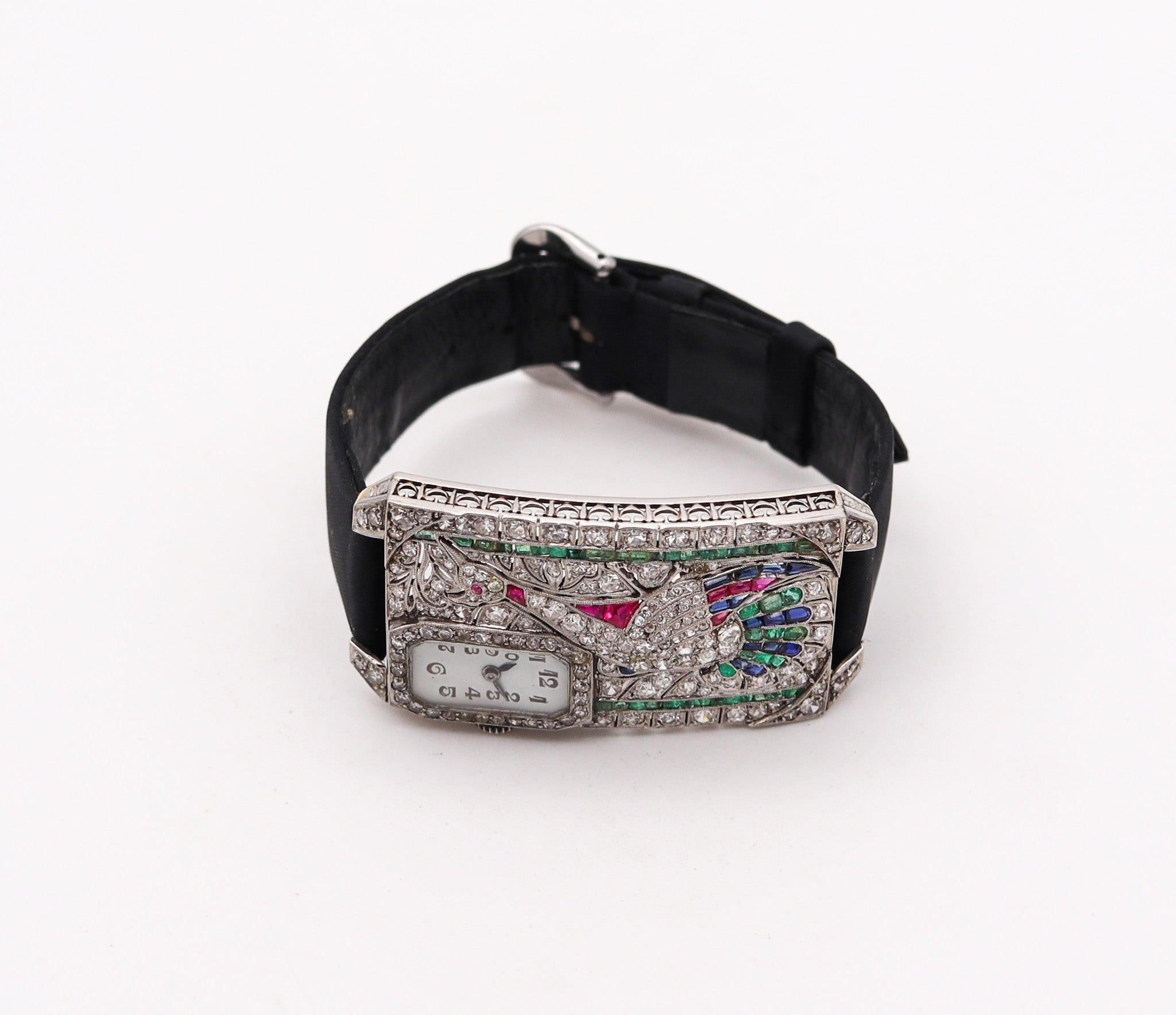 AUSTRIAN Art Deco 1925 Curvex Wristwatch in Platinum With 7.75 Ctw in Gemstones For Sale 3