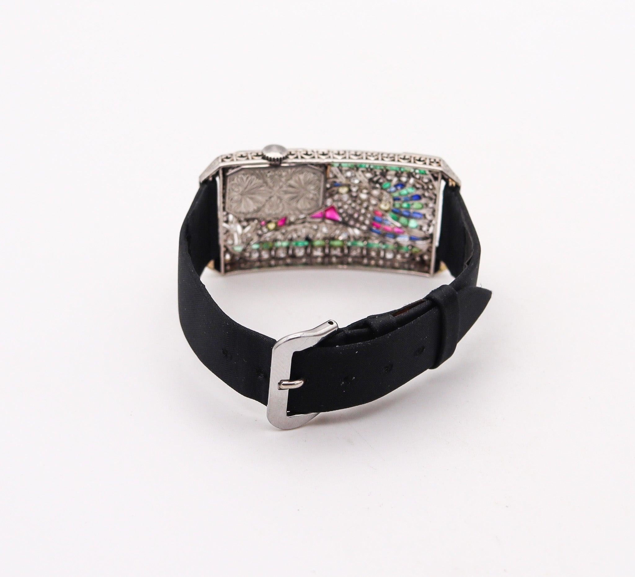 AUSTRIAN Art Deco 1925 Curvex Wristwatch in Platinum With 7.75 Ctw in Gemstones For Sale 4