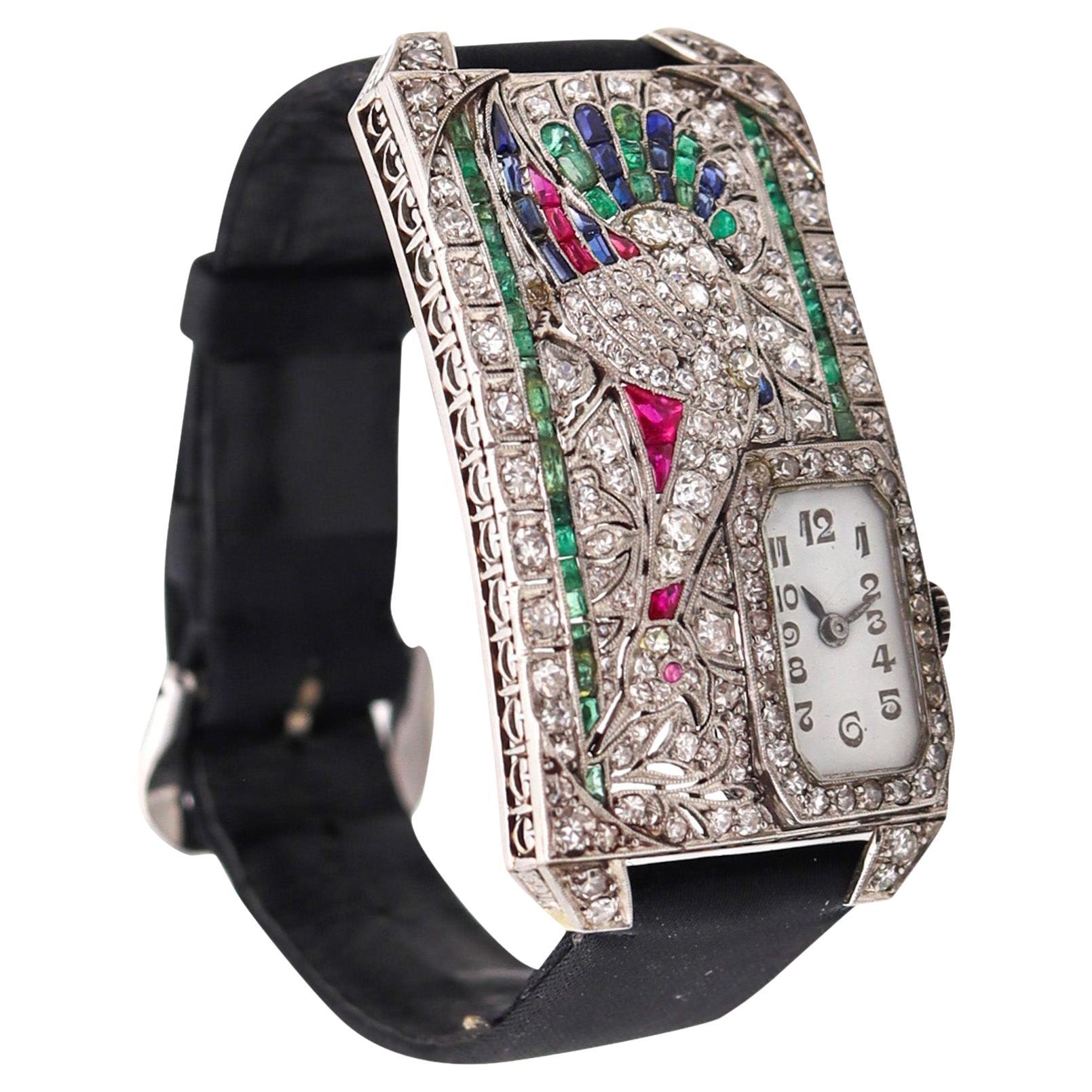 AUSTRIAN Art Deco 1925 Curvex Wristwatch in Platinum With 7.75 Ctw in Gemstones