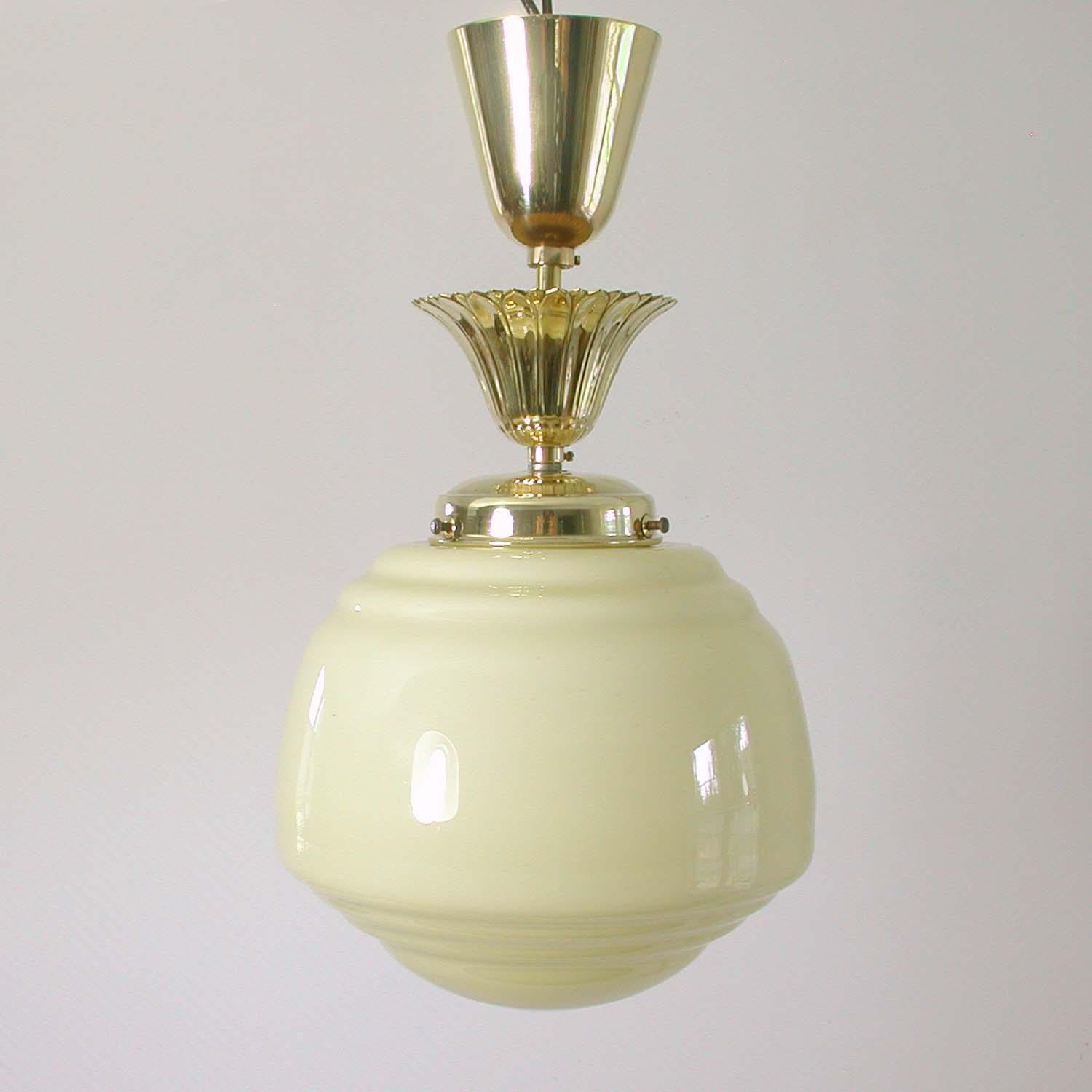 Mid-20th Century Austrian Art Deco Bauhaus Opaline and Brass Flush Mount, 1940s