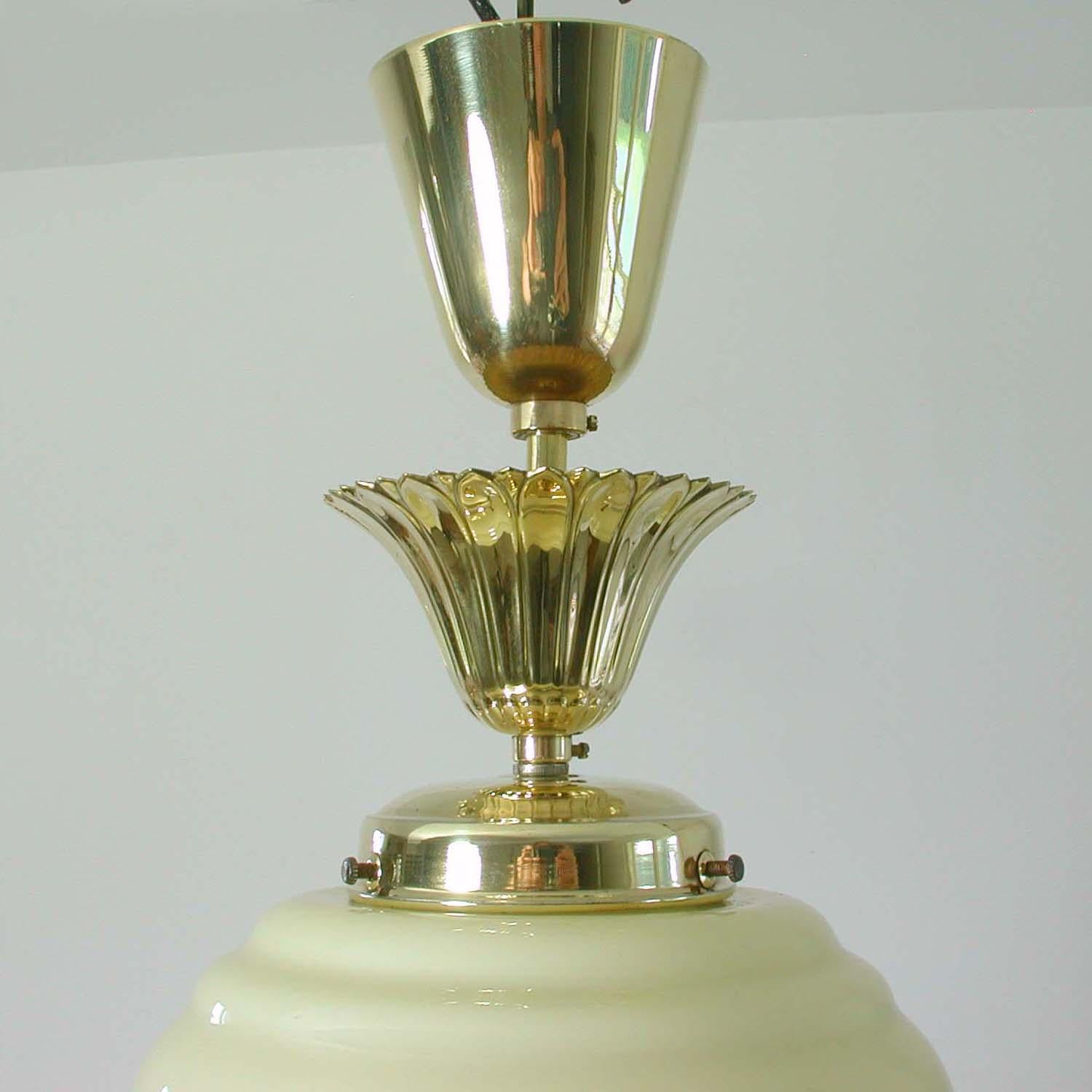 Austrian Art Deco Bauhaus Opaline and Brass Flush Mount, 1940s 1