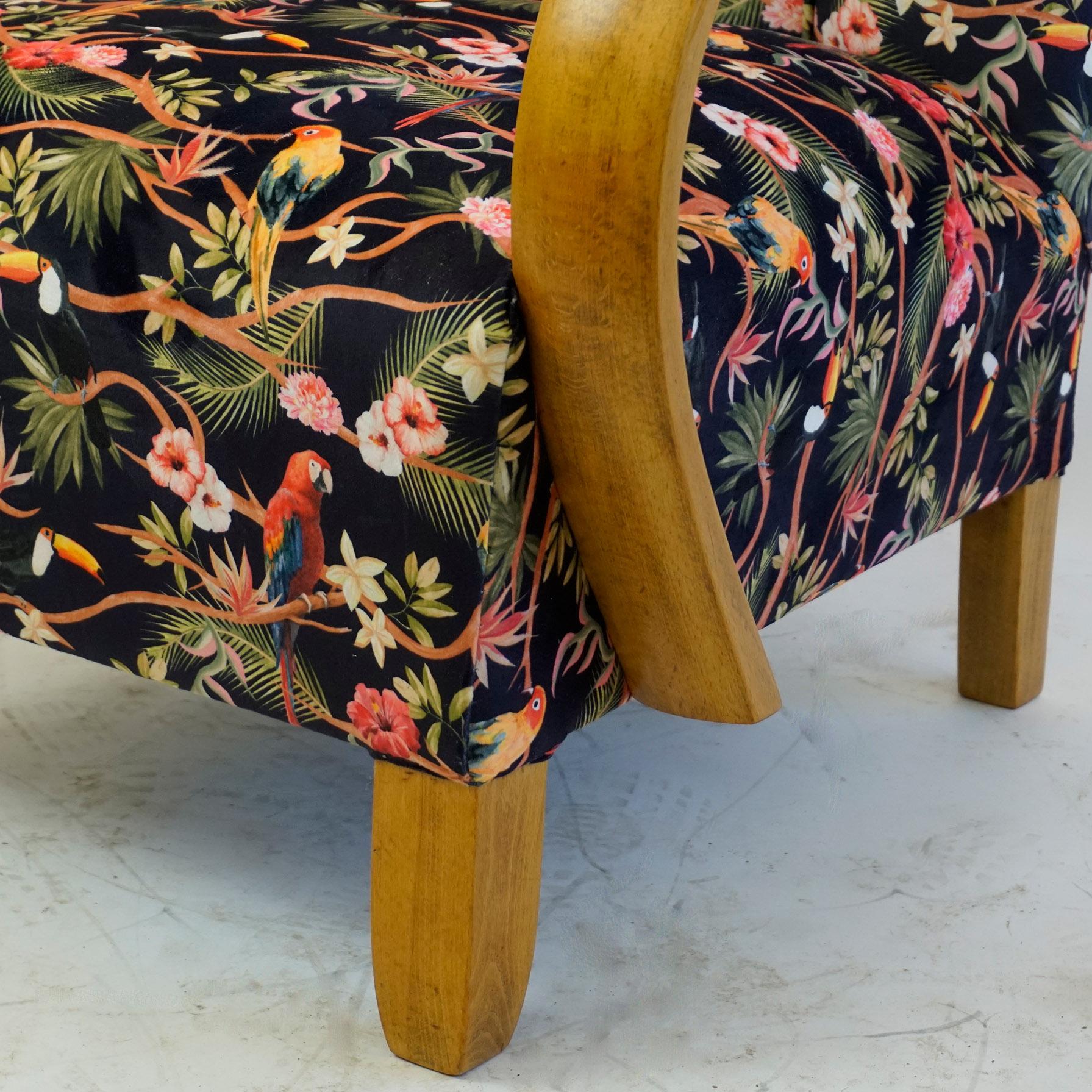 Austrian Art Deco Beechwood Armchair with Black Floral Velvet 3