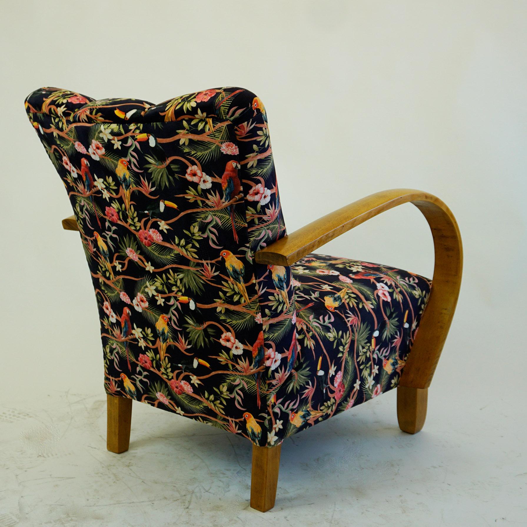 Austrian Art Deco Beechwood Armchair with Black Floral Velvet In Good Condition In Vienna, AT