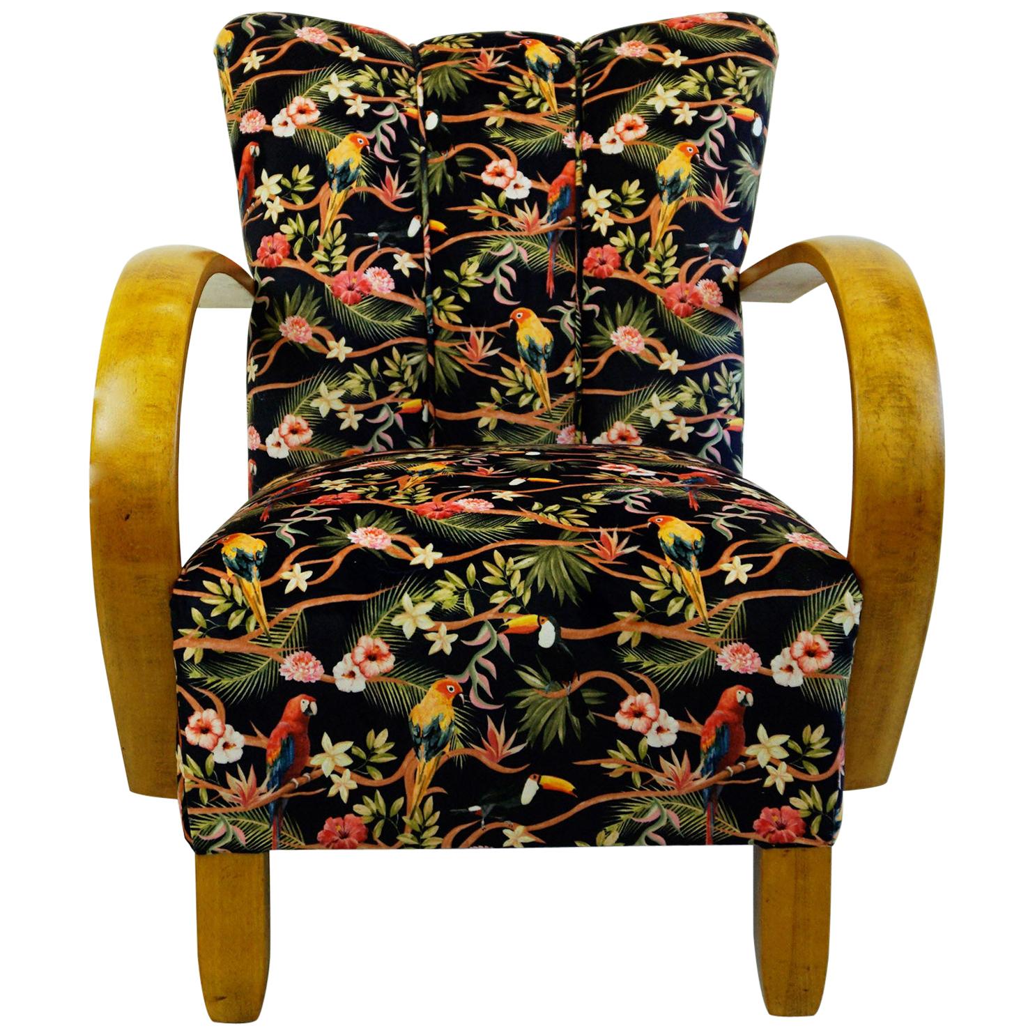 Austrian Art Deco Beechwood Armchair with Black Floral Velvet