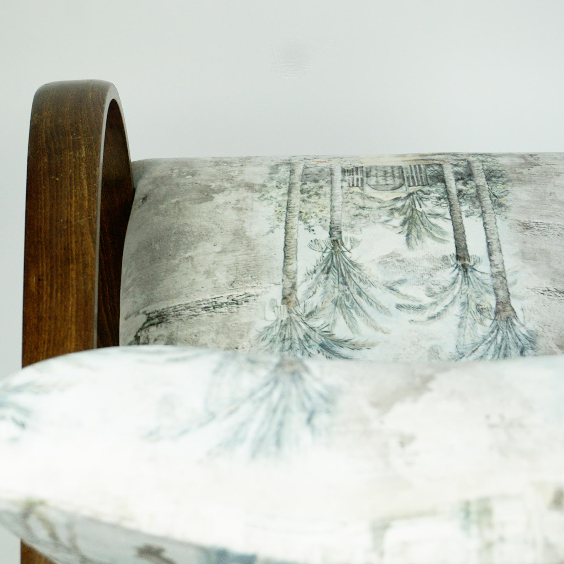 Austrian Art Deco Beechwood Armchair with Renewed White and Light Grey Velvet 10