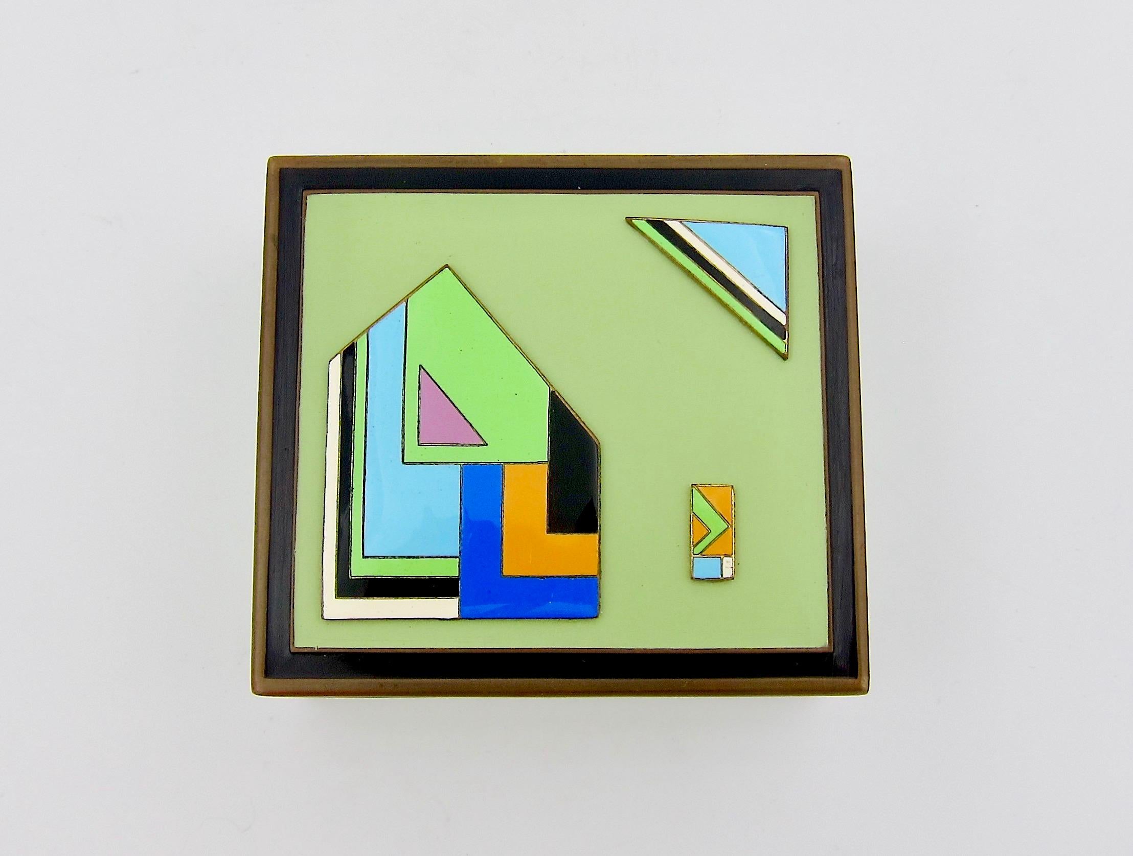 Enameled Austrian Art Deco Box with Polychrome Enamel Avant Garde Decor, circa 1930