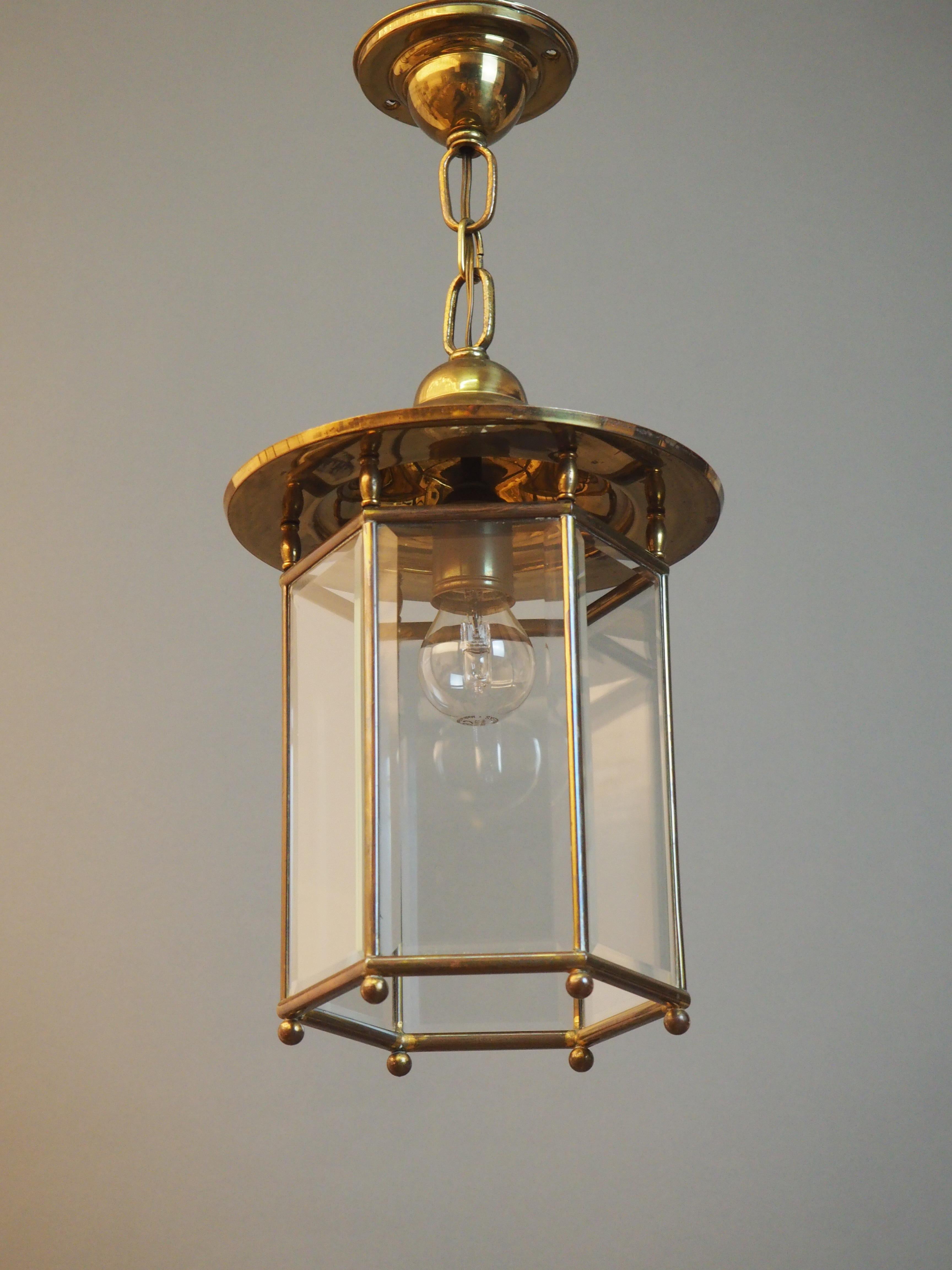 Beautiful brass and glass one-light lantern attributet to Josef Hoffmann, Austria, circa 1940s.
Socket: One x e14 (for standard screw bulbs).
 