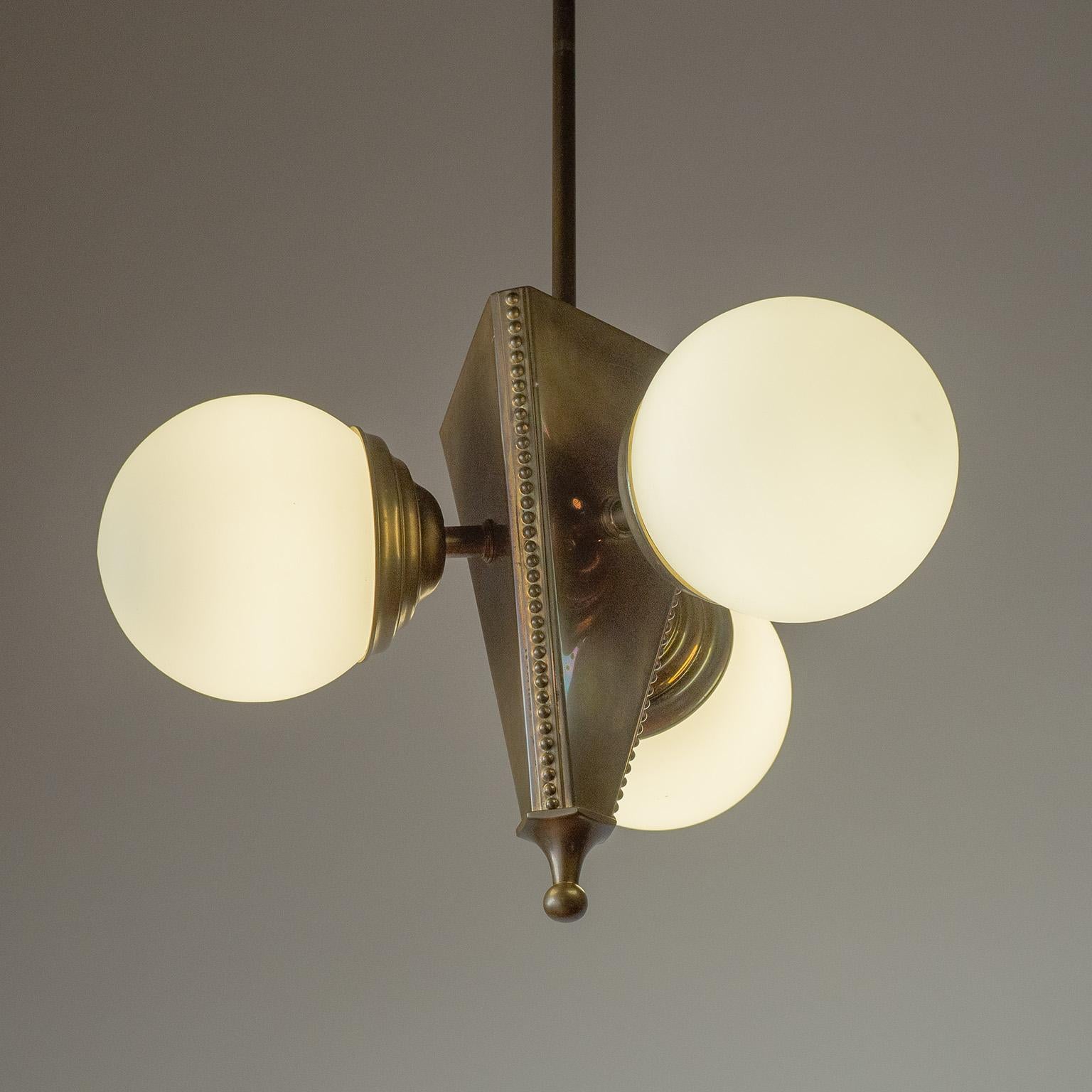 20th Century Austrian Art Deco Brass And Satin Glass Chandelier For Sale