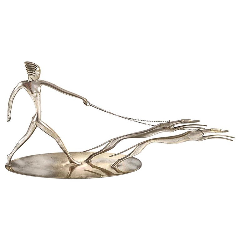 Austrian Art Deco Brass Sculpture Lady with Greyhounds Hagenauer, circa