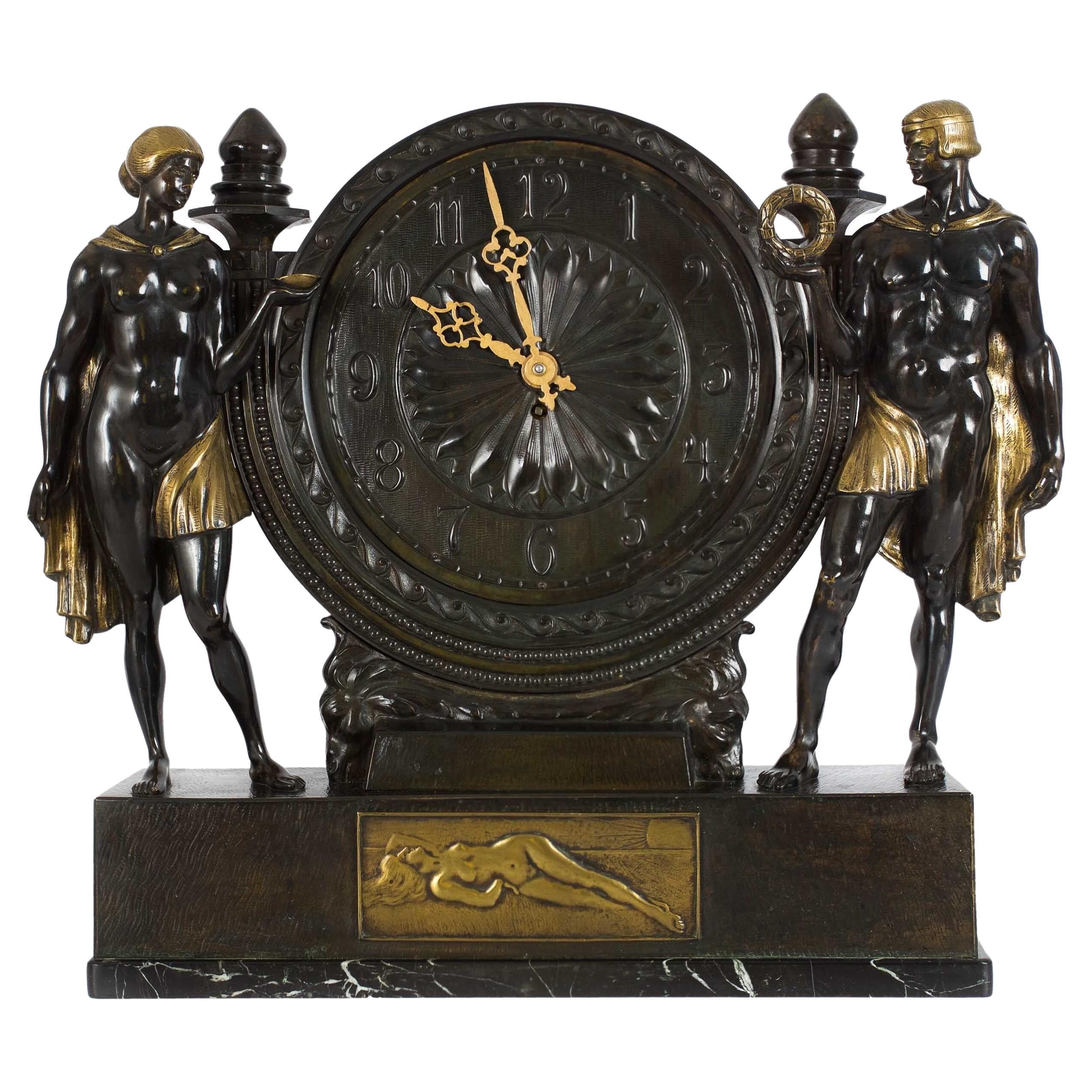 Österreichische Art Déco Bronze-Skulptur Kaminuhr von Anton Grath um 1925