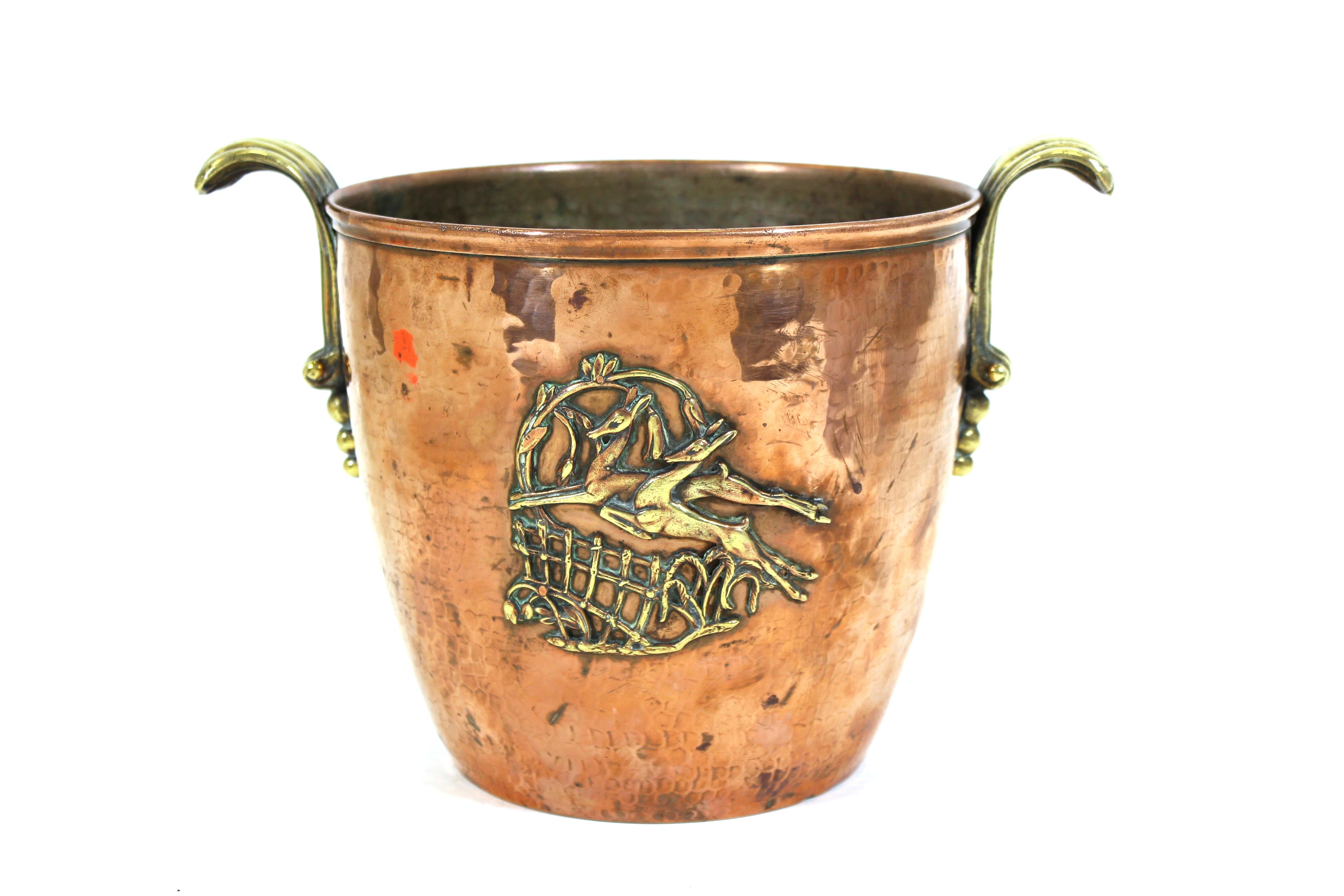 Austrian Art Deco Champagne or Wine Bucket in Copper & Brass with Gazelle Decor 1