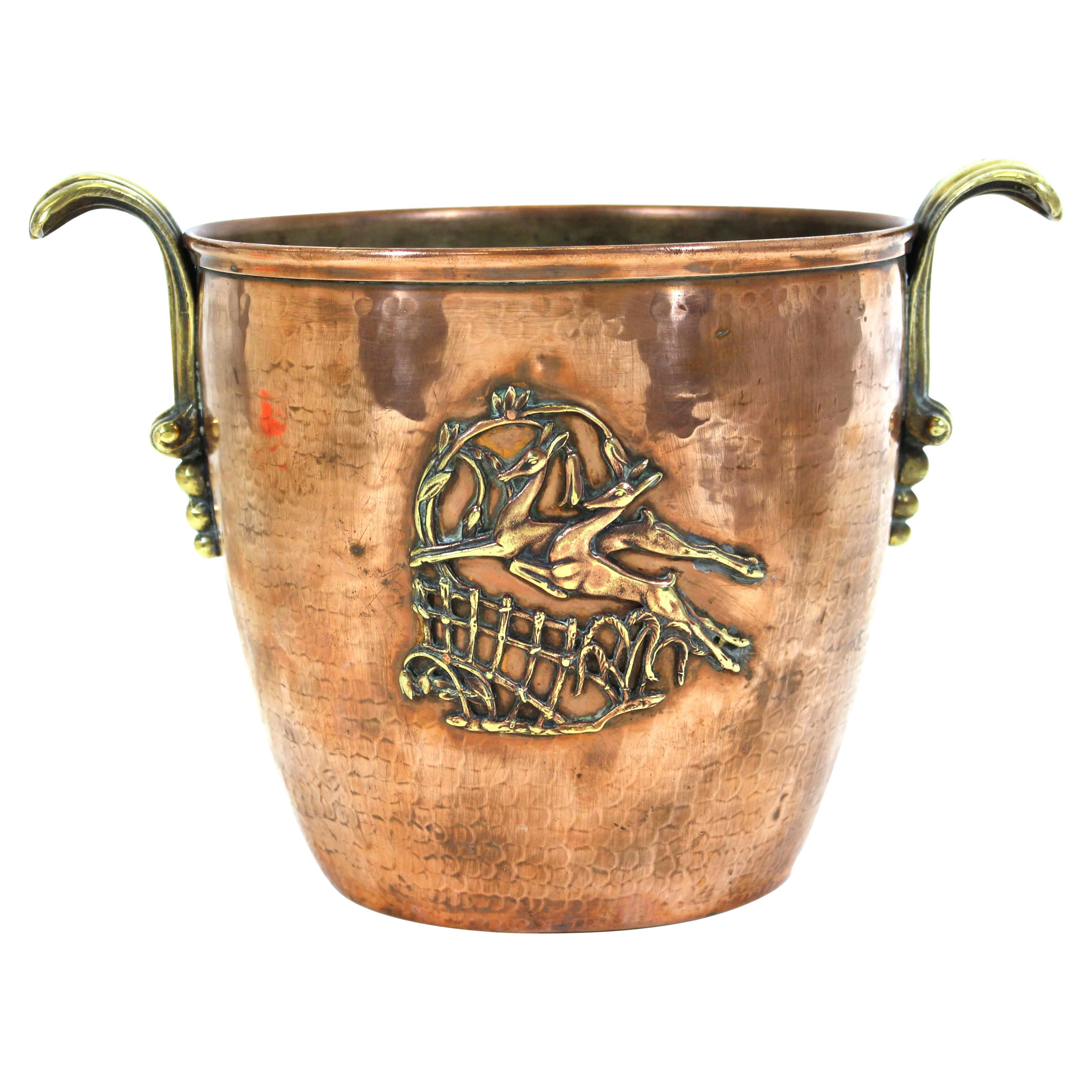 Austrian Art Deco Champagne or Wine Bucket in Copper & Brass with Gazelle Decor