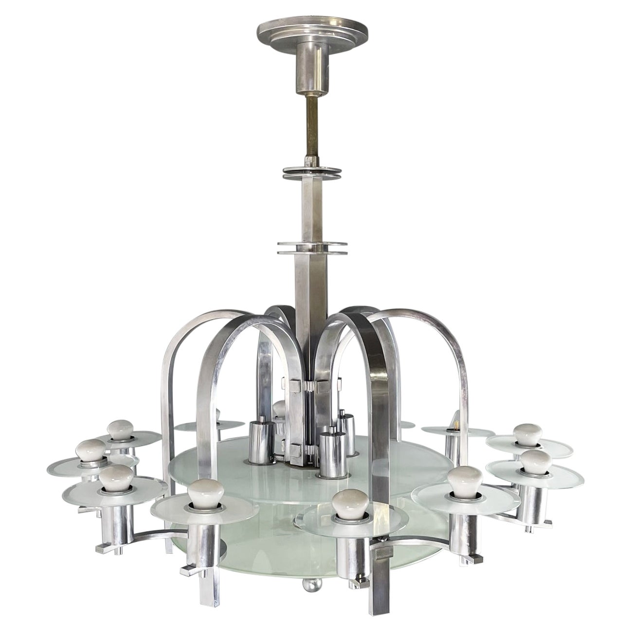 Austrian Art Deco Chandelier with twelve lights in metal and glass, 1920s in vendita