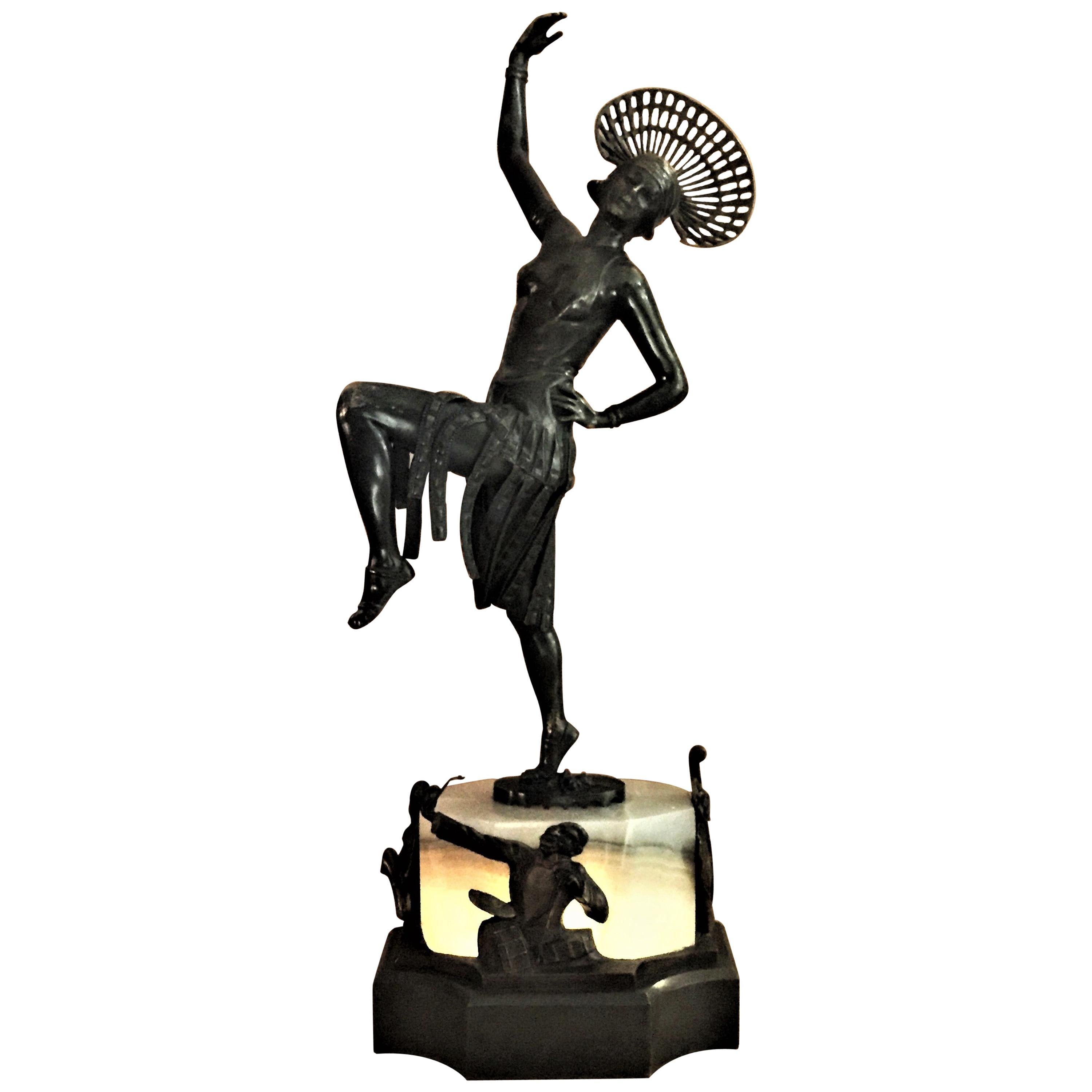 Austrian Art Deco, Dancer, Patinated Bronze, Onyx and Marble Lamp, circa 1920s For Sale