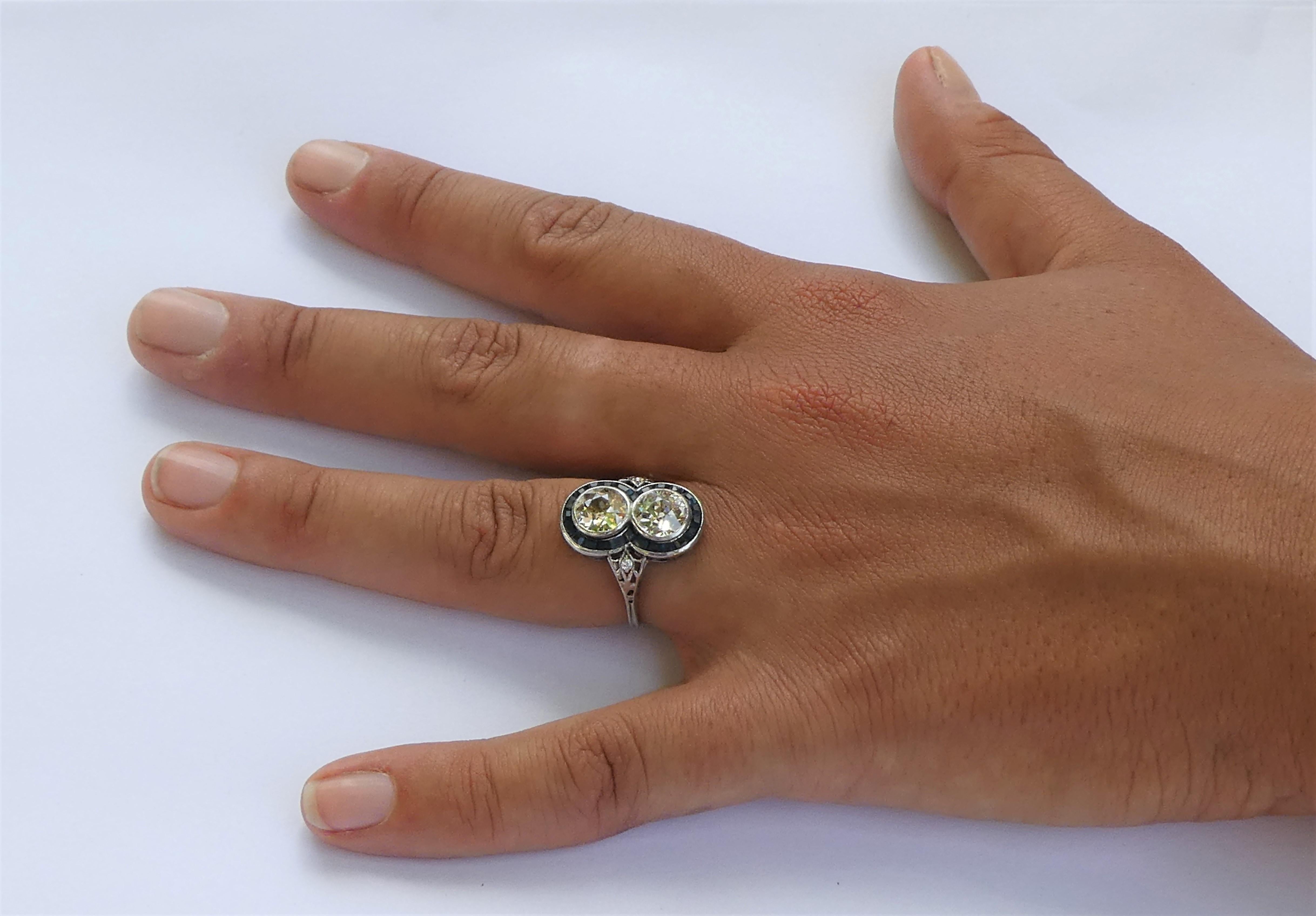Austrian Art Deco Diamond Sapphire Platinum Target Ring For Sale 7